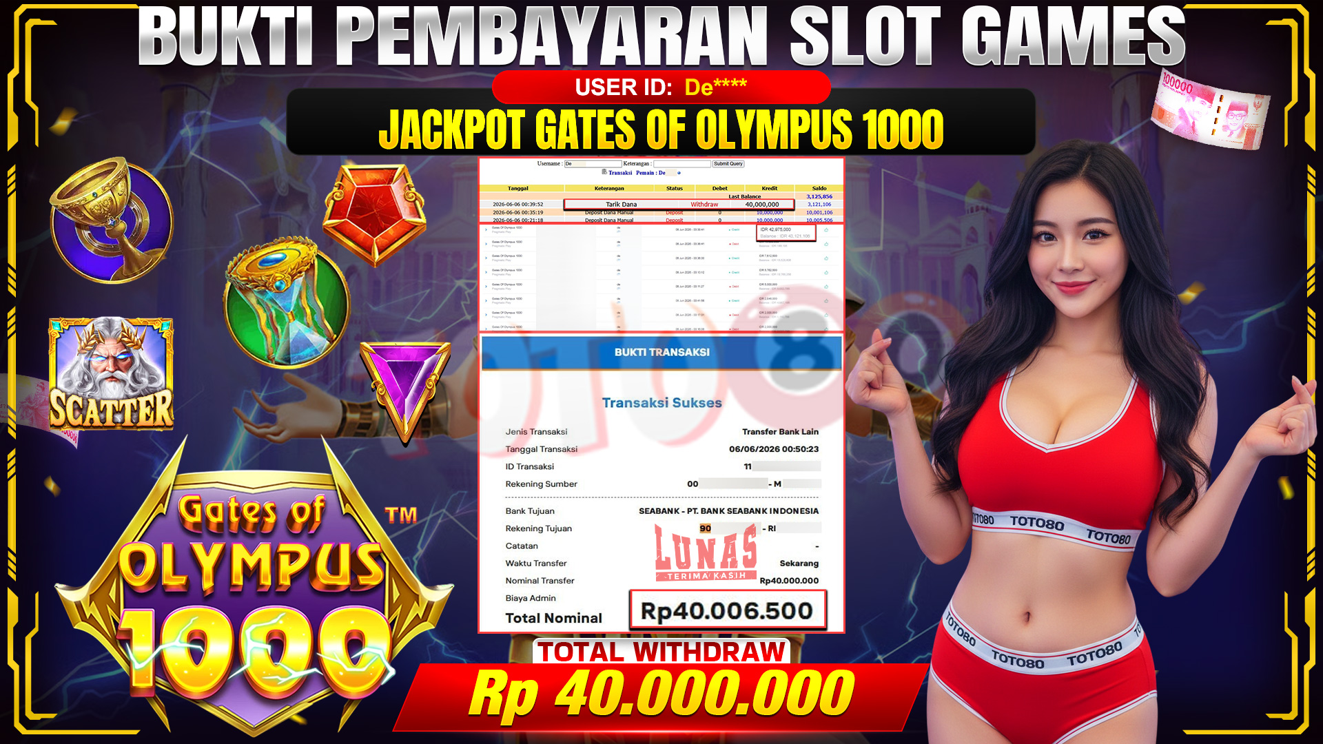 💰🎉 TOTO80 – JACKPOT SLOT GATES OF OLYMPUS 1000  RP. 40,000,000,- TELAH DIBAYARKAN!💰🎉