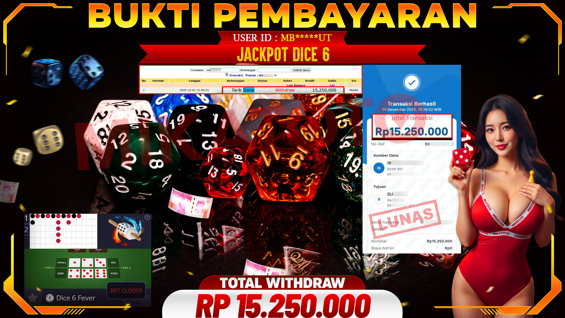 SELAMAT KEPADA PEMENANG JACKPOT DI Dice 6 - Live Game 15,250,000🏆