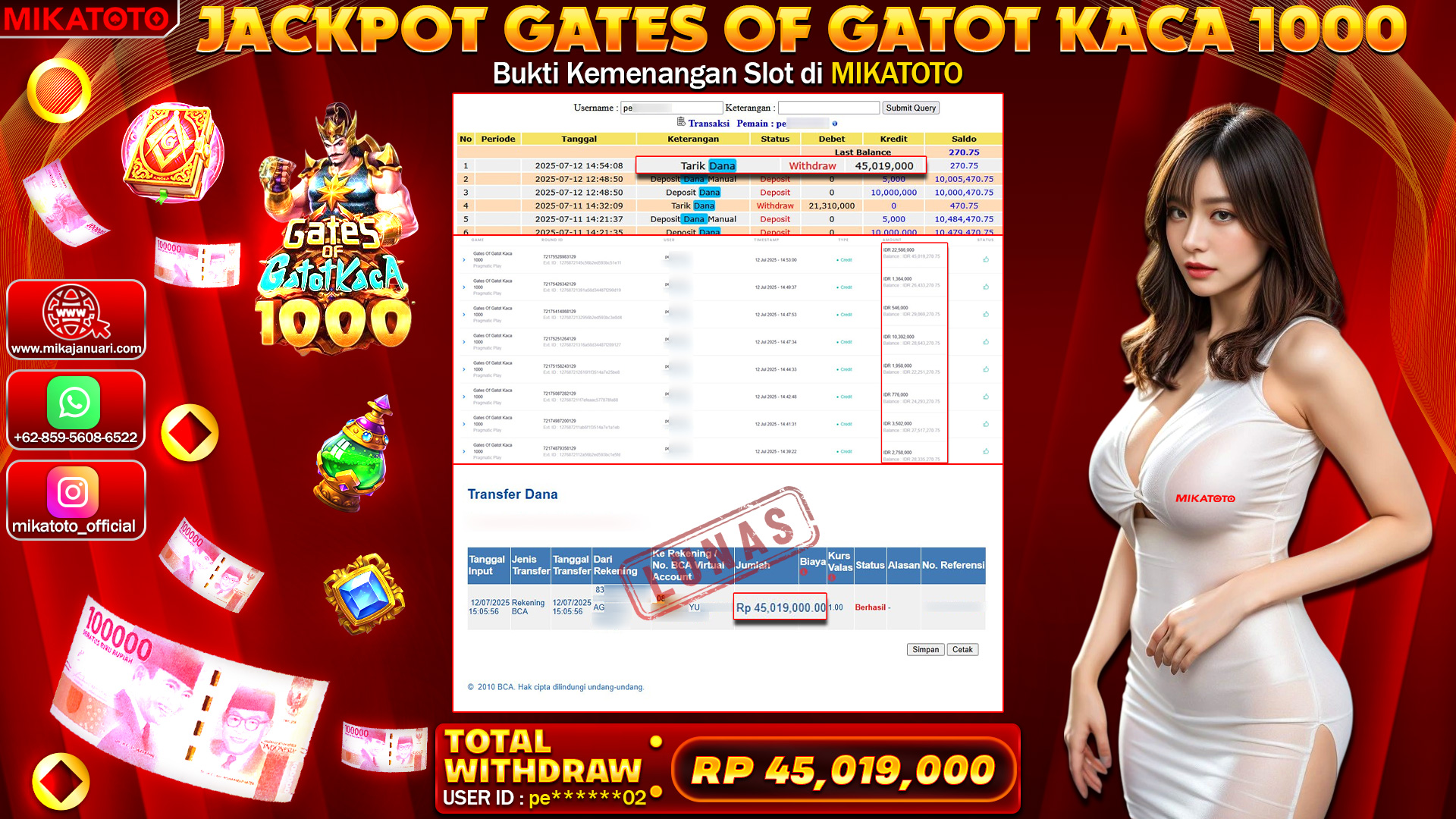 🏆 SELAMAT KEPADA PEMENANG JACKPOT DI  Gates Of Gatot Kaca 1000 45,019,000🏆
