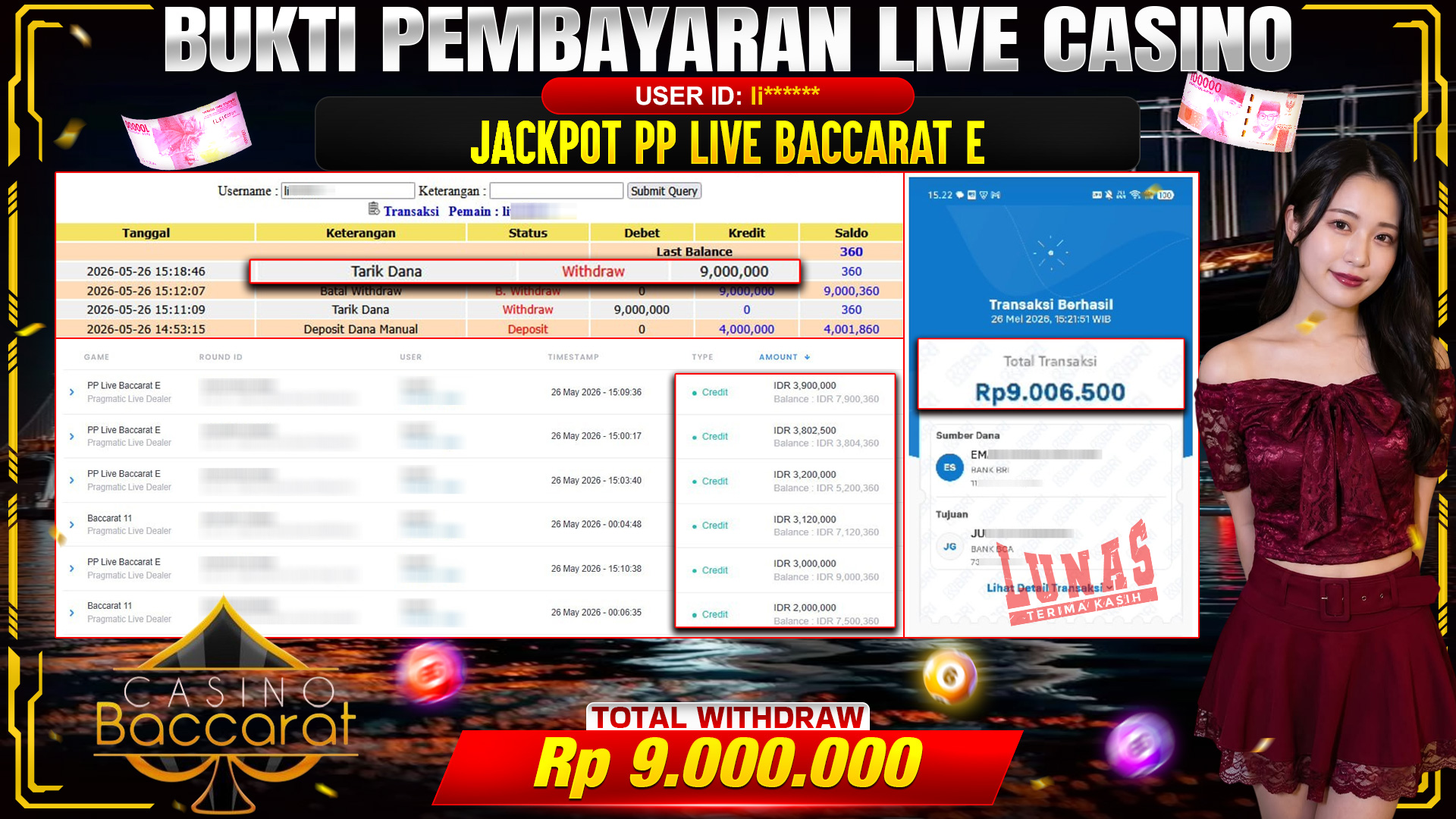 💰🎉 TOTO80 – JACKPOT PP LIVE BACCARAT  E 1 RP. 9,000,000,- TELAH DIBAYARKAN!💰🎉