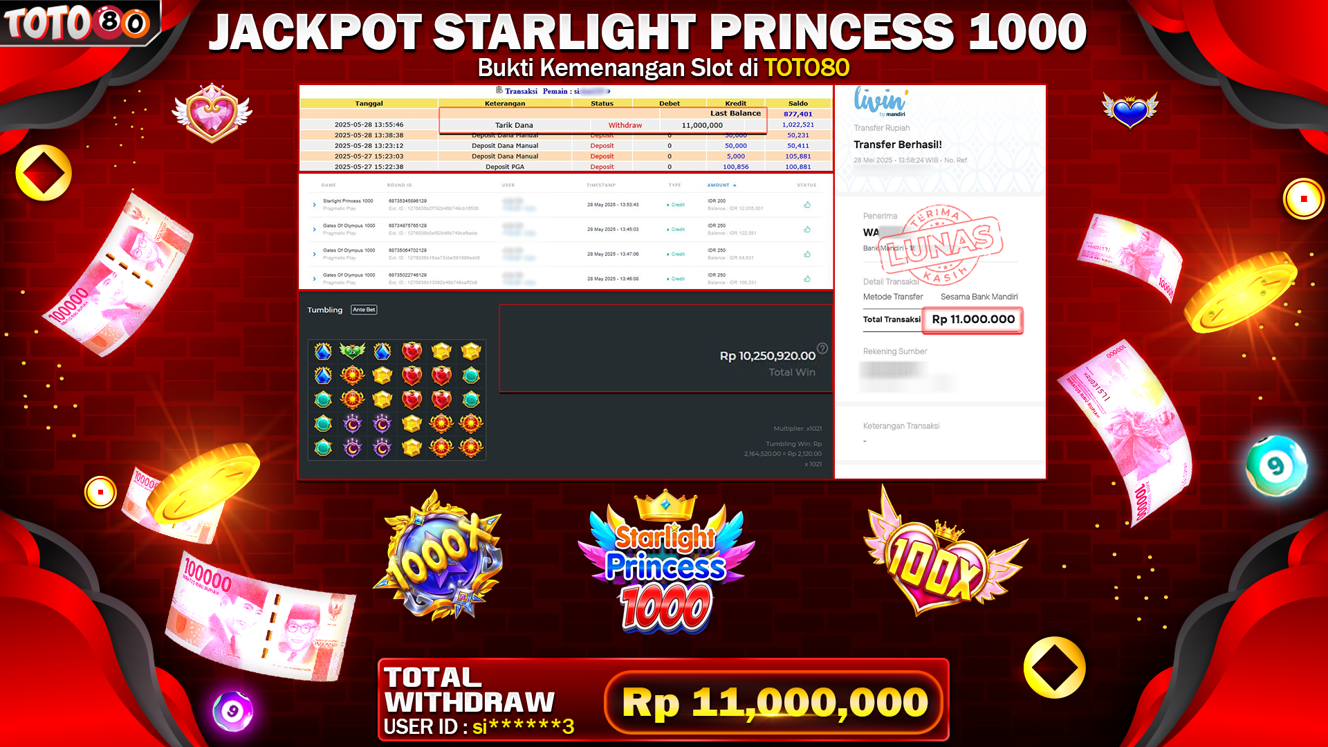 TOTO80 JACKPOT STARLIGHT PRINCESS 1000 Rp.11.000.000,- LUNAS
