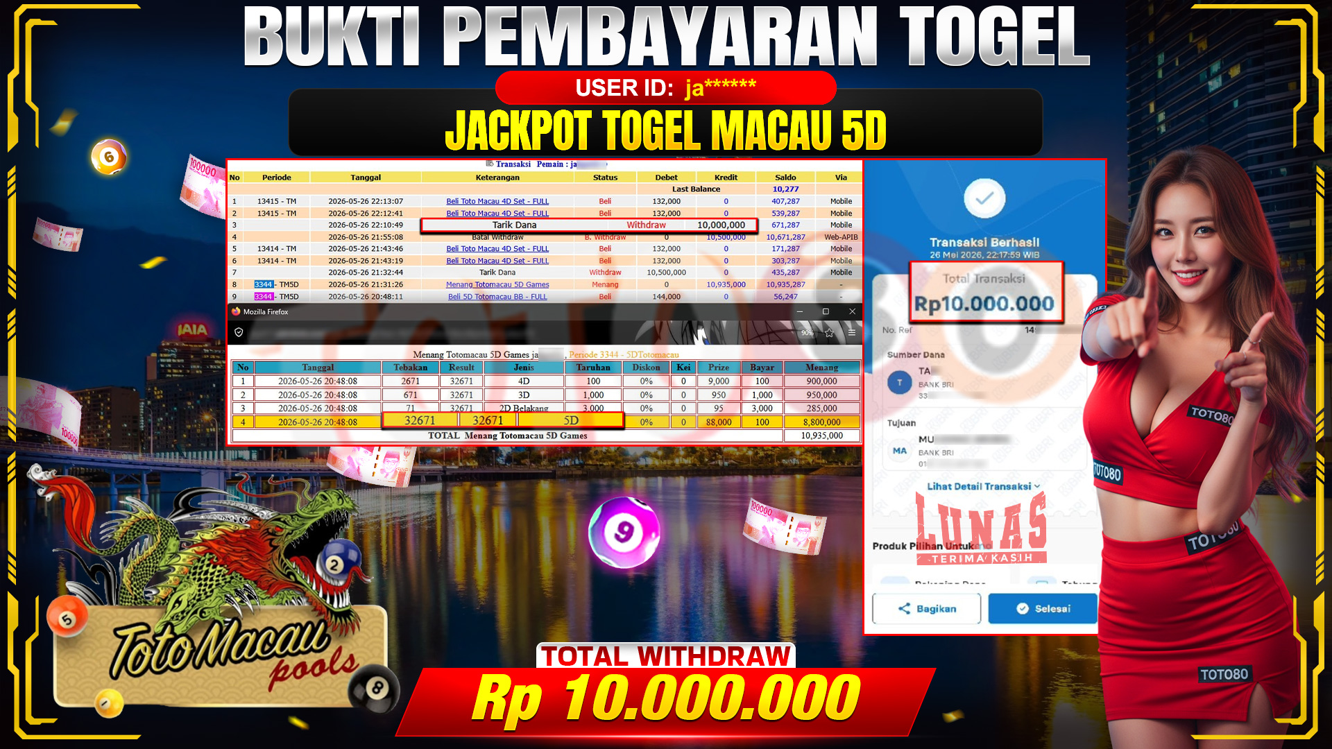 💰🎉 TOTO80 – JACKPOT TOGEL TOTO MACAU 5D RP. 10,000,000,- TELAH DIBAYARKAN!💰🎉