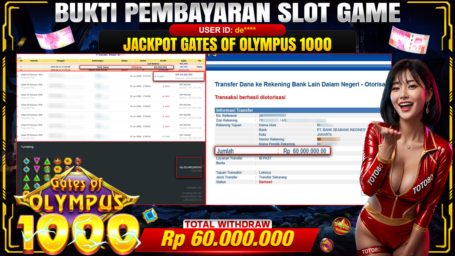 💰🎉 TOTO80 – JACKPOT SLOT GATES OF OLYMPUS 1000  RP. 60,000,000,- TELAH DIBAYARKAN!💰🎉