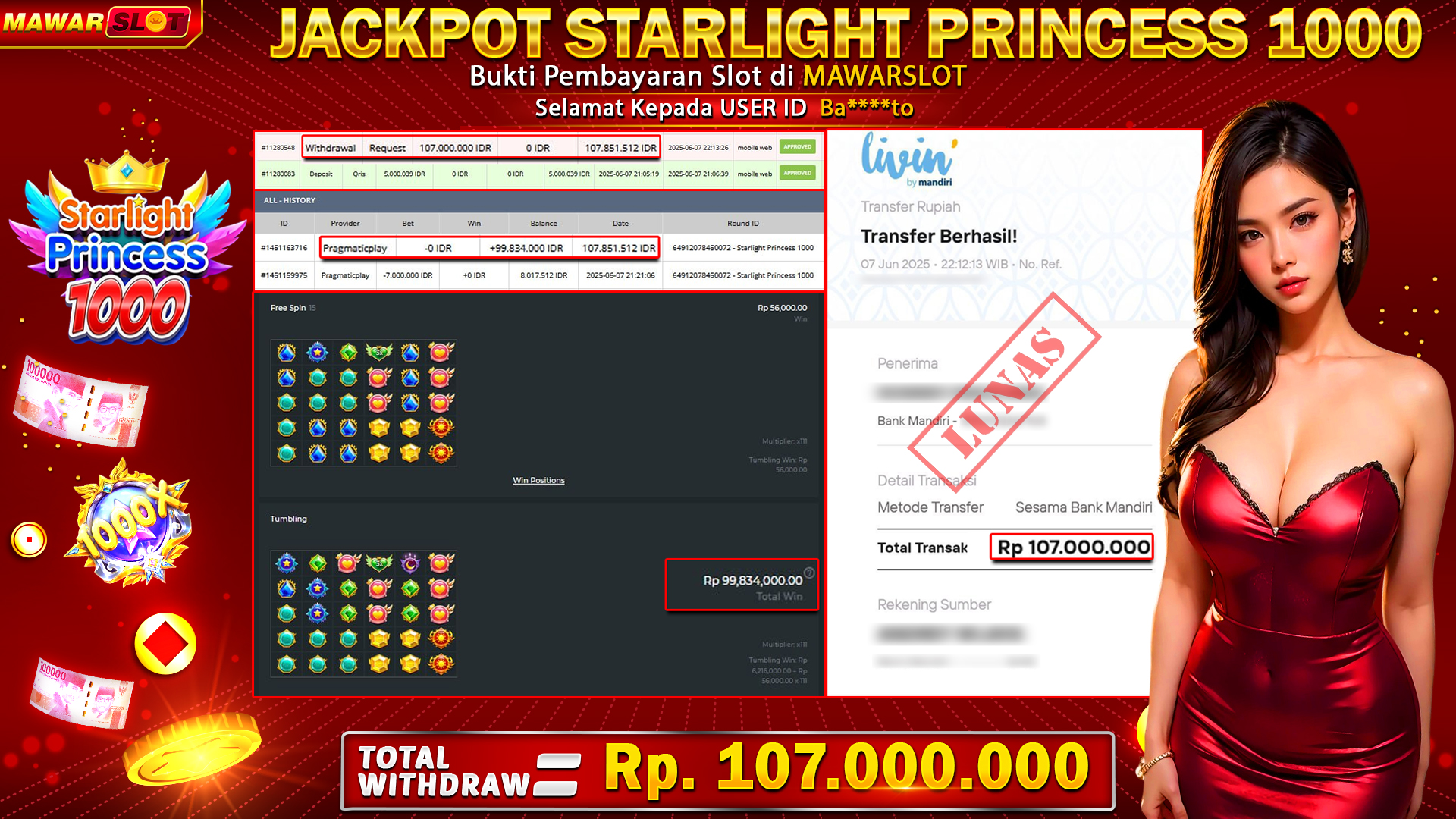 Bintang Keberuntungan Menyala Terang! Member Mawarslot Raup Maxwin Rp107 Juta di Starlight Princess 1000