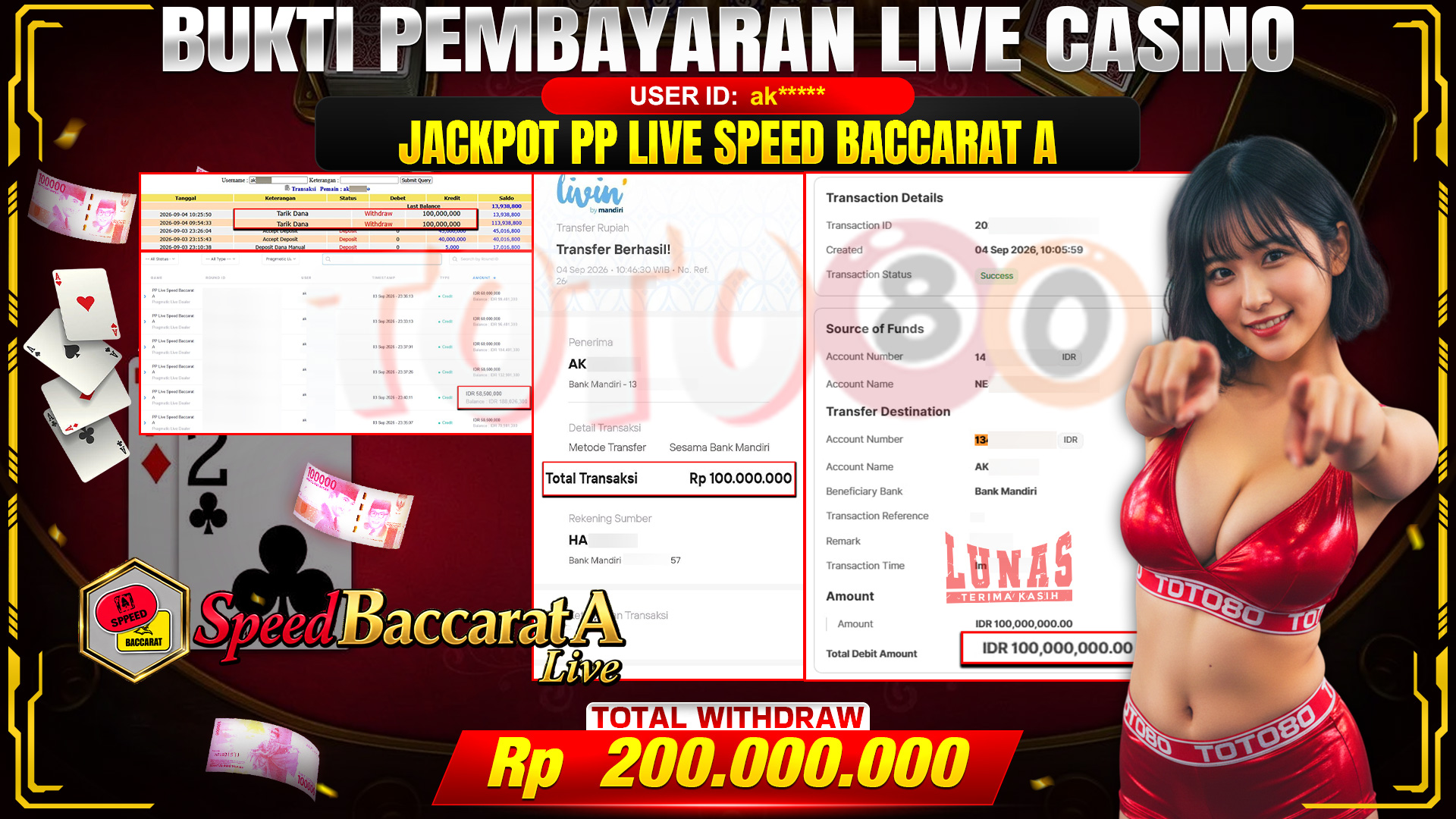 💰🎉 TOTO80 – JACKPOT PP LIVE SPEED BACCARAT A RP. 200,000,000,- TELAH DIBAYARKAN!💰🎉