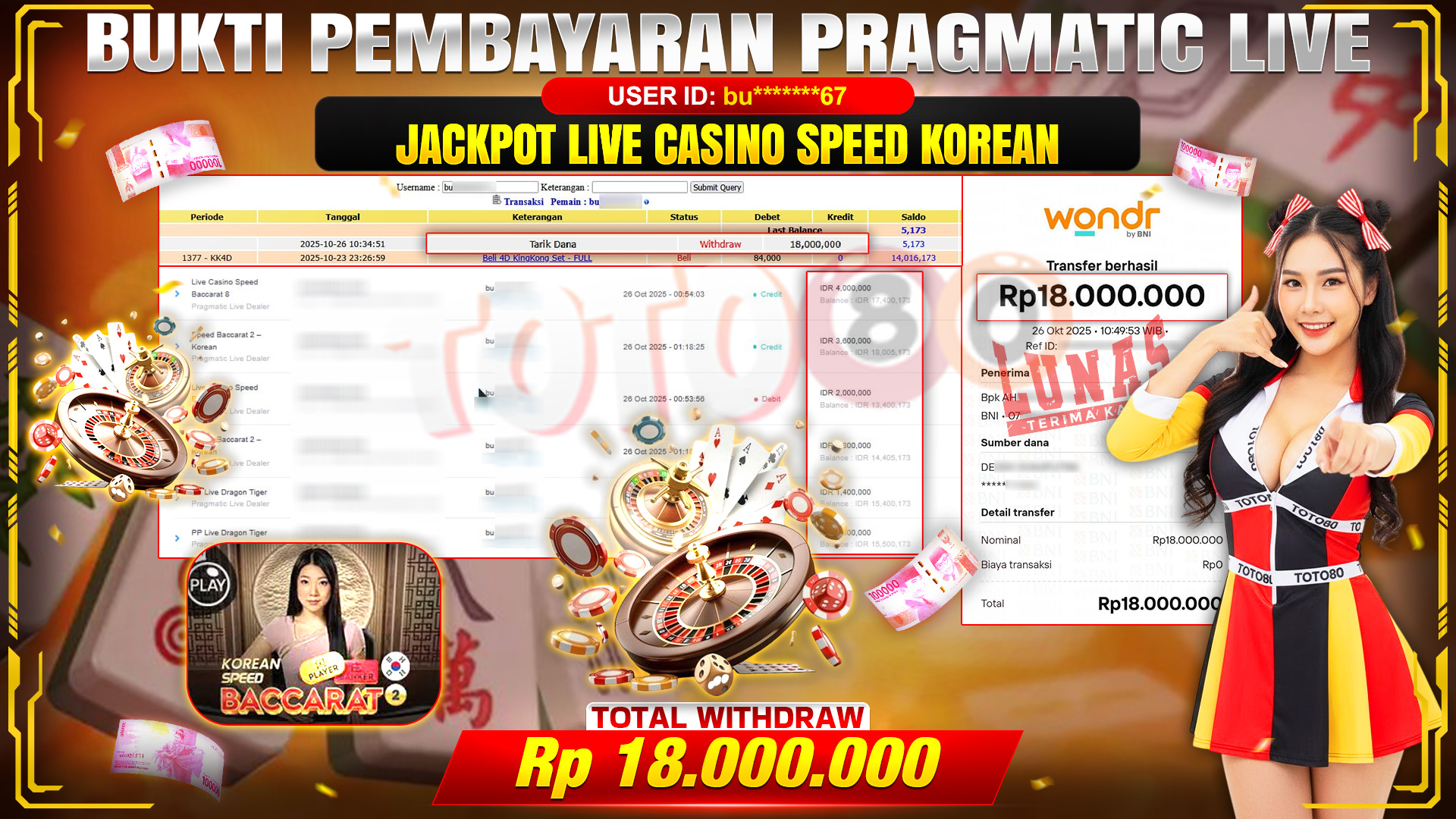 🎉 TOTO80 – JACKPOT LIVE CASINO SPEED KOREAN RP.18.000.000,- TELAH DIBAYARKAN! 🎉