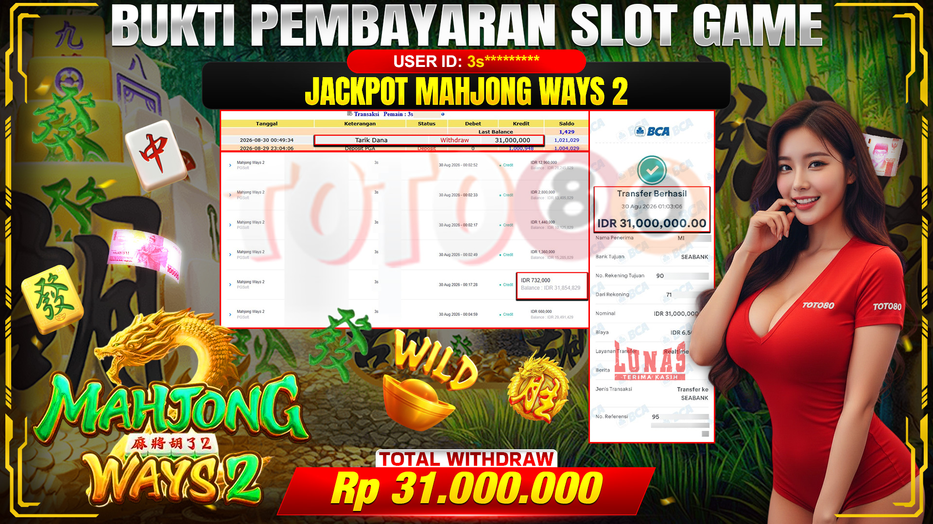 💰🎉 TOTO80 – JACKPOT SLOT MAHJONG  WAYS 2 RP. 31,000,000,-  TELAH DIBAYARKAN!💰🎉