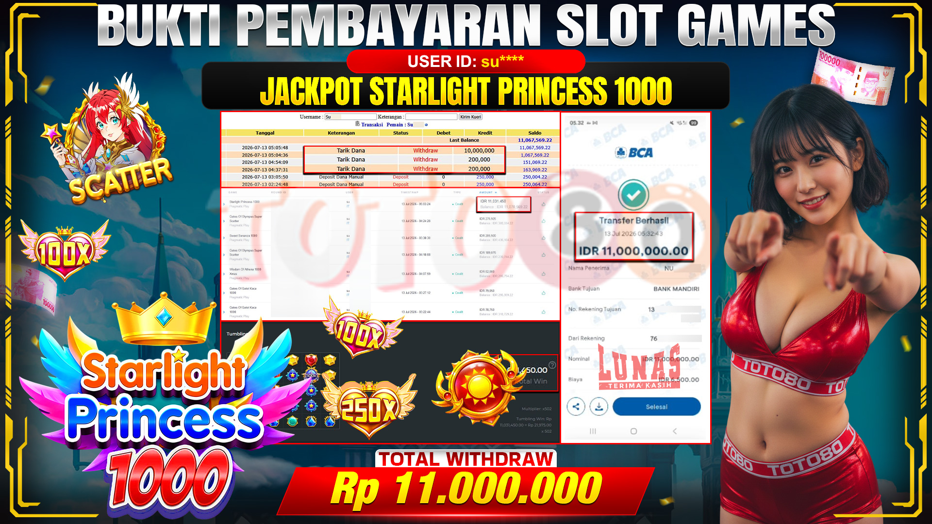 💰🎉 TOTO80 – JACKPOT SLOT STARLIGHT PRINCESS 1000 RP. 11,000,000,- TELAH DIBAYARKAN!💰🎉