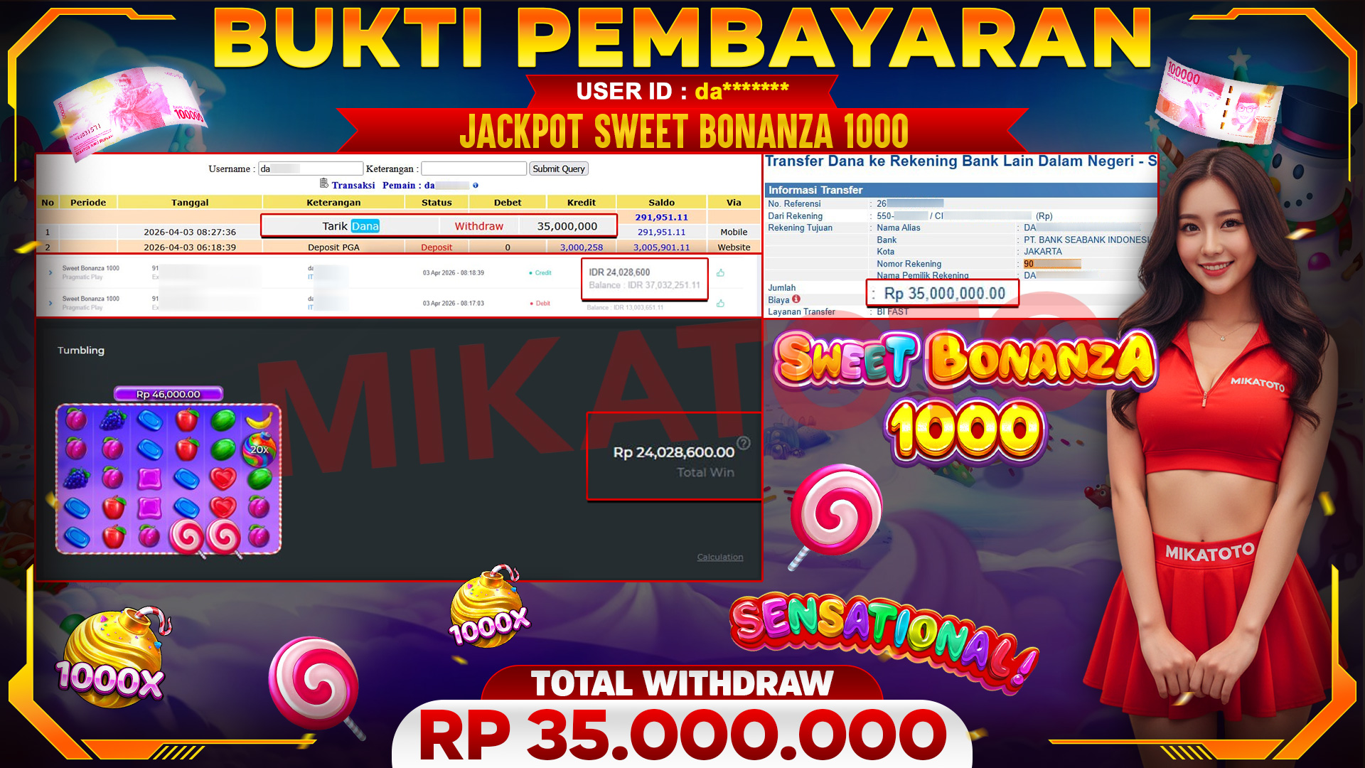 🏆 SELAMAT KEPADA PEMENANG JACKPOT DI Sweet Bonanza 1000 - Pragmatic Play 35,000,000🏆