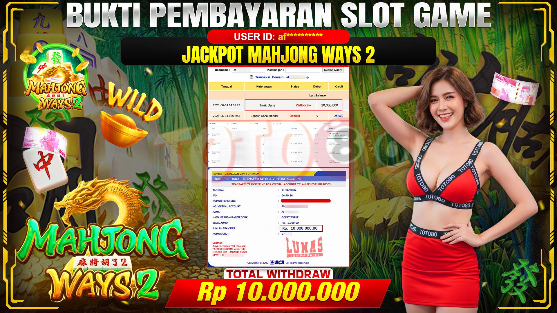💰🎉 TOTO80 – JACKPOT SLOT MAHJONG  WAYS 2 RP. 10,000,000,-   TELAH DIBAYARKAN!💰🎉