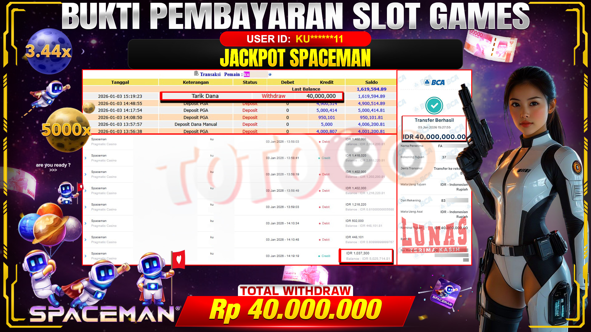🎉 TOTO80 – JACKPOT SPACEMAN RP. 40,000,000,- TELAH DIBAYARKAN! 🎉