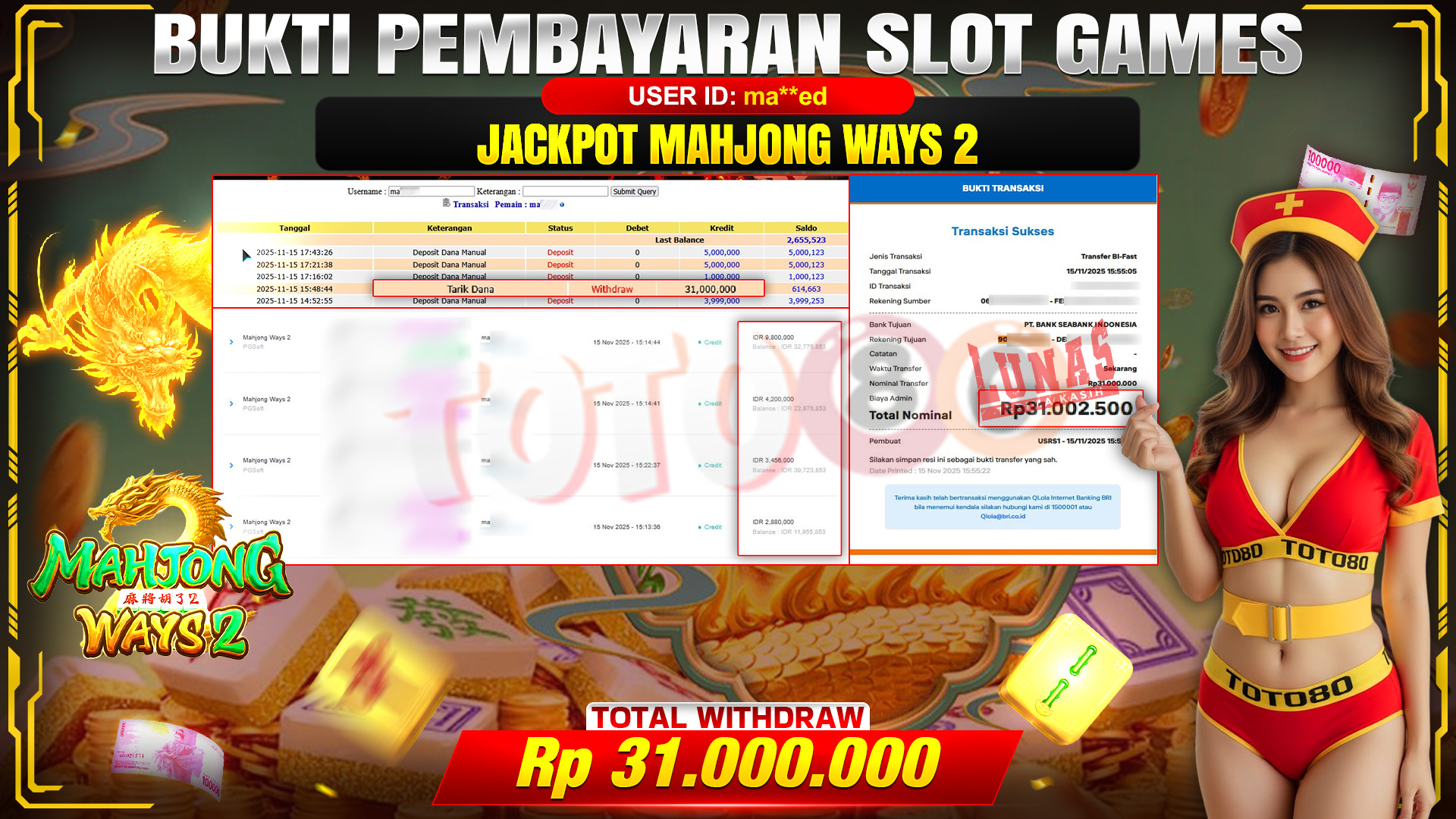 🎉 TOTO80 – JACKPOT SLOT MAHJONG WAYS 2 RP.31,000,000,- TELAH DIBAYARKAN! 🎉