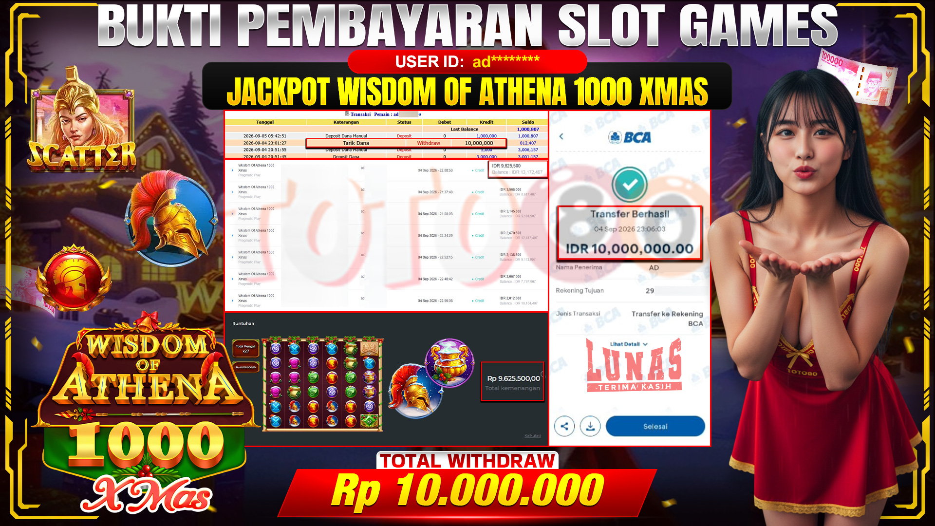 💰🎉  TOTO80 – JACKPOT SLOT WISDOM OF ATHENA 1000 XMAS RP. 10,000,000,- TELAH DIBAYARKAN! 💰🎉 