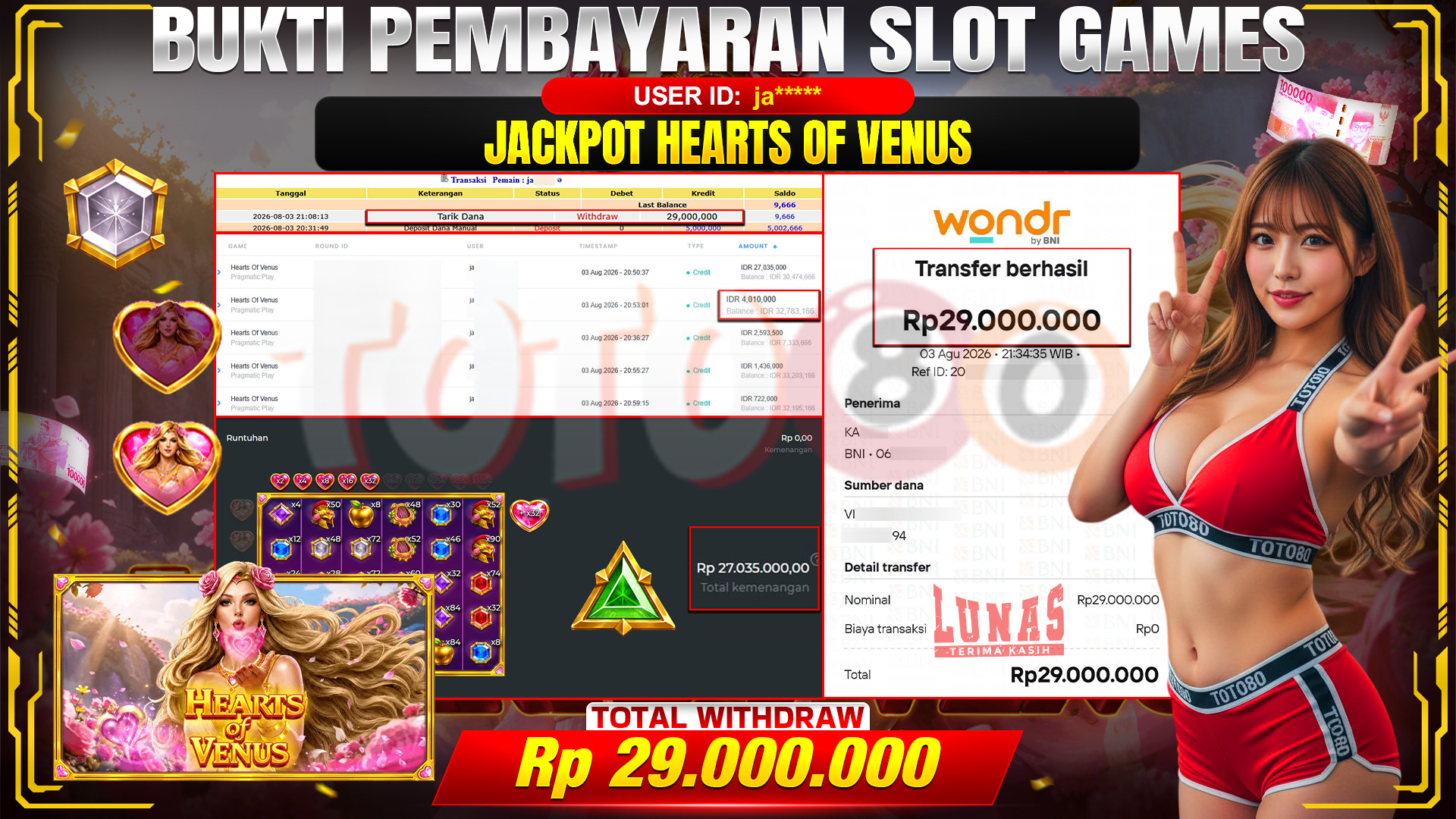 💰🎉 TOTO80 – JACKPOT SLOT HEARTS OF VENUS RP. 29,000,000,- TELAH DIBAYARKAN!💰🎉