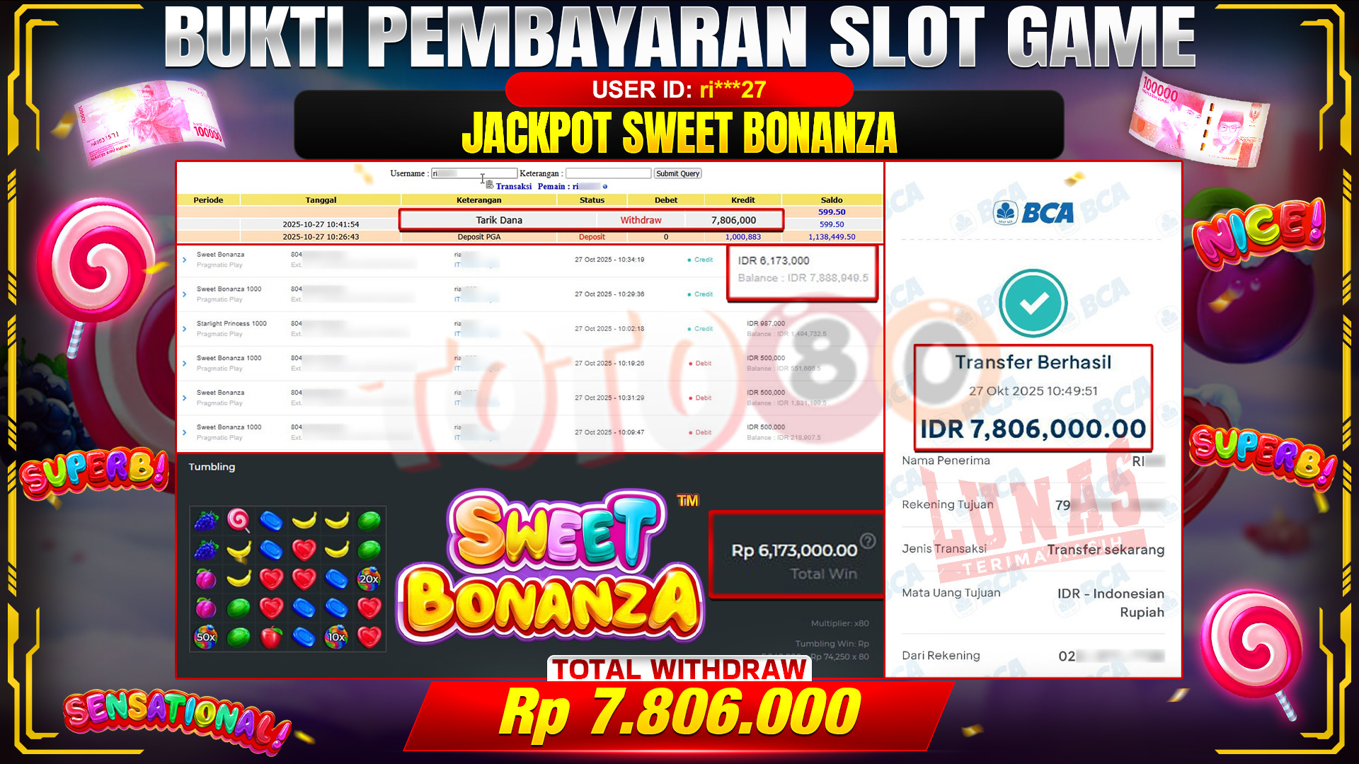 🎉 TOTO80 – JACKPOT SLOT SWEET BONANZA RP.7.806.000,- TELAH DIBAYARKAN! 🎉