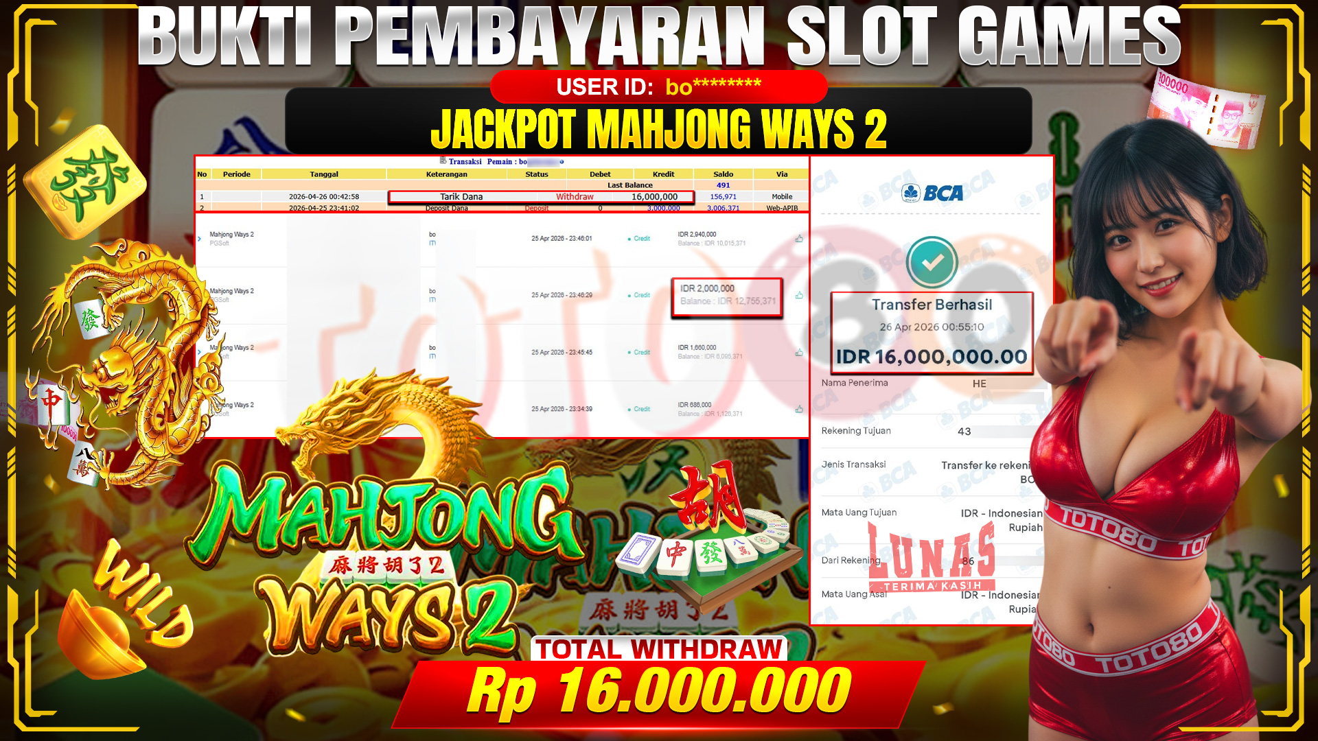 💰🎉 TOTO80 – JACKPOT SLOT MAHJONG WAYS 2 RP. 16,000,000,-   TELAH DIBAYARKAN!💰🎉