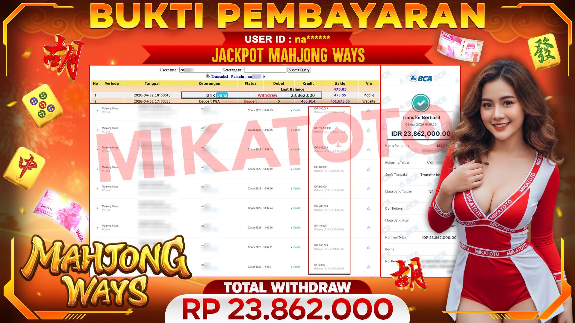 🏆 SELAMAT KEPADA PEMENANG JACKPOT DI Mahjong Ways  - PGSoft 23,862,000🏆
