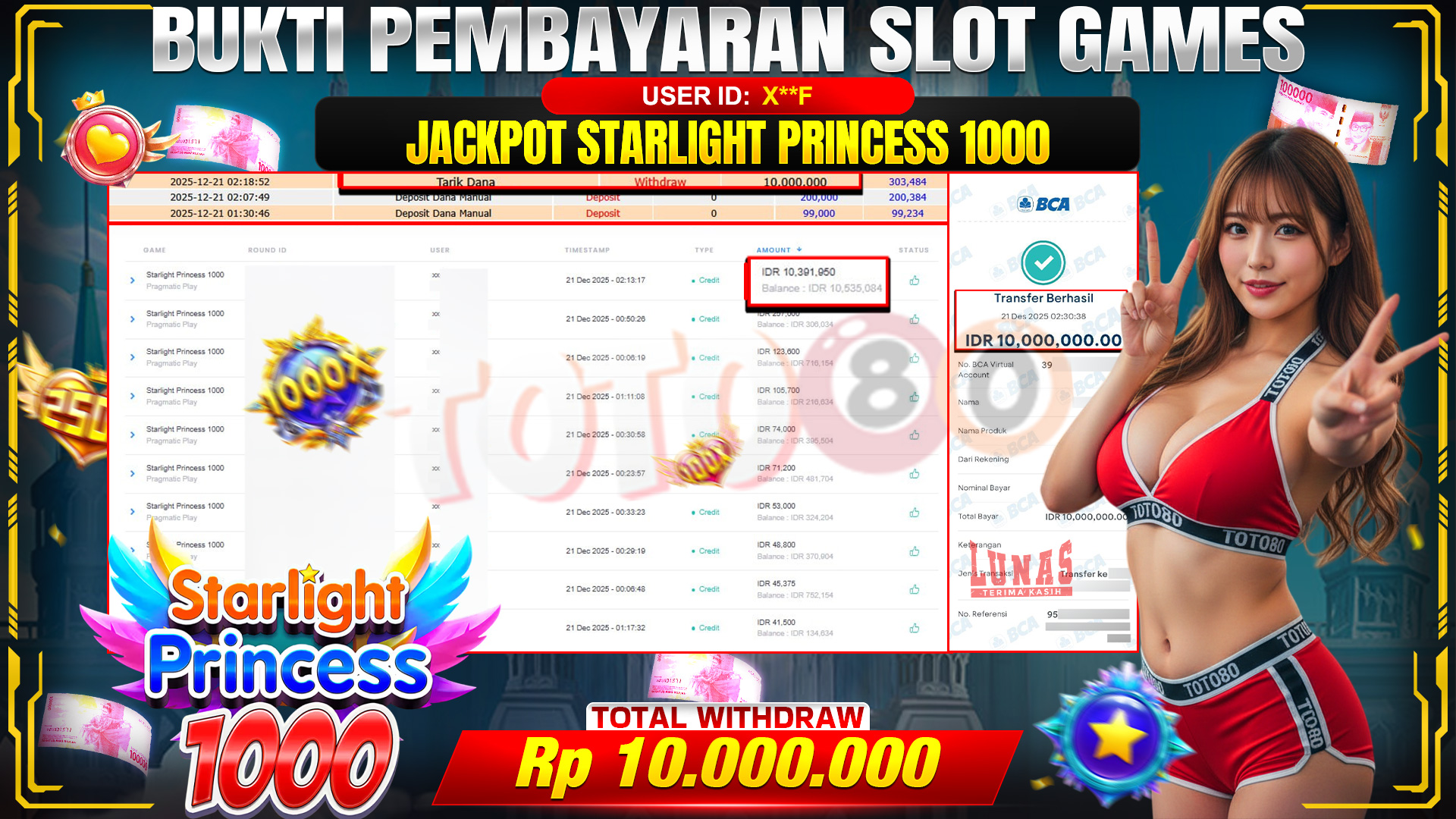 🎉 TOTO80 – JACKPOT SLOT STARLIGHT PRINCESS 1000  RP. 10,000,000,- TELAH DIBAYARKAN! 🎉