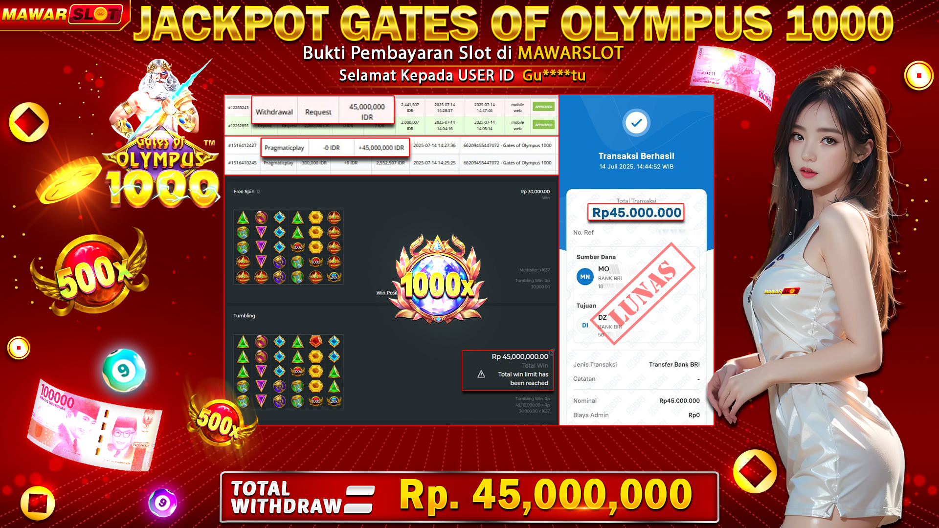 Petir Zeus Membawa Rezeki! Maxwin Rp45 Juta Meledak di Gates of Olympus 1000 Mawarslot