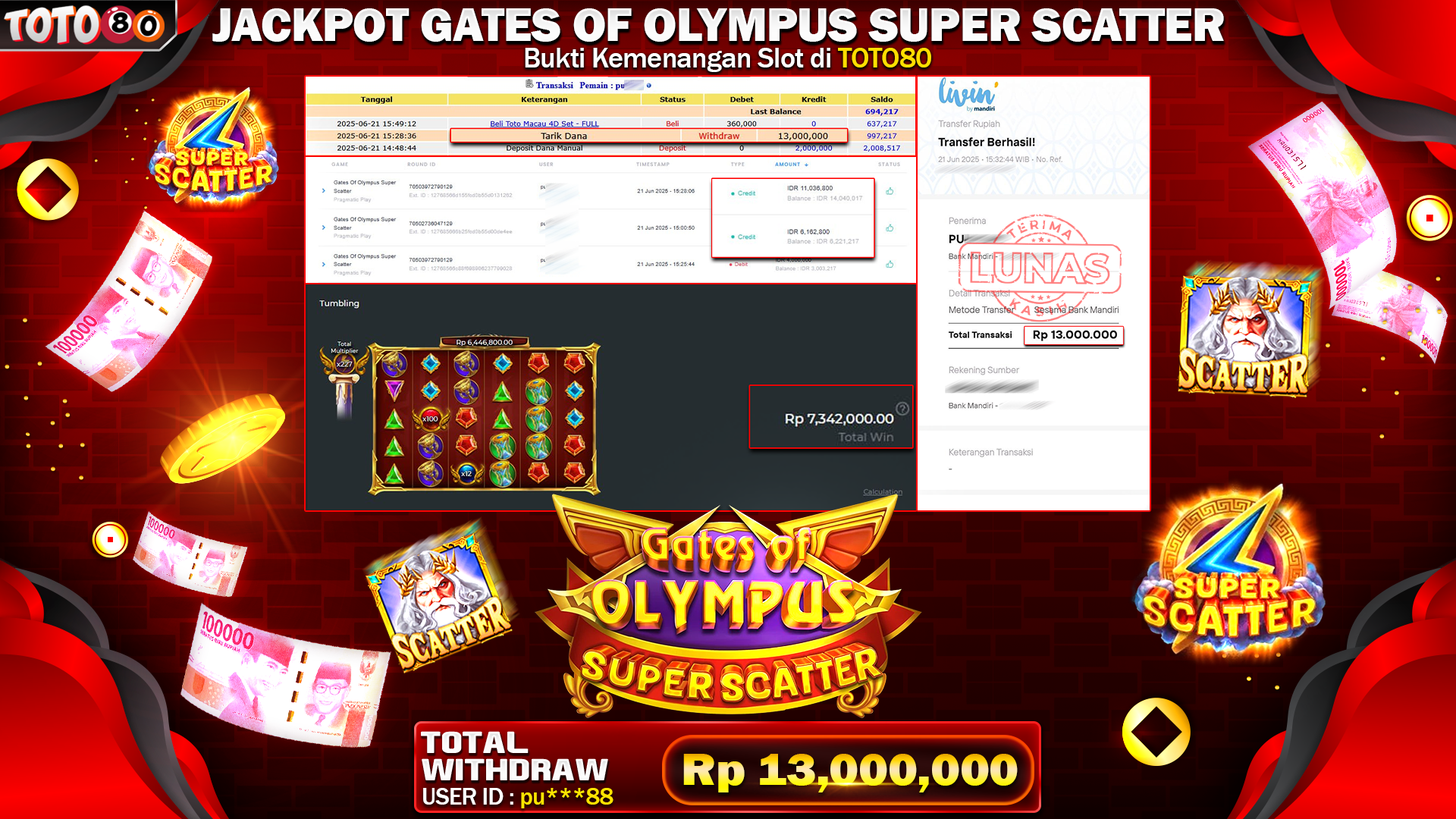 🎉 TOTO80 – JACKPOT GATES OF OLYMPUS SUPER SCATTER  RP.13,000,000,- TELAH DIBAYARKAN!🎉