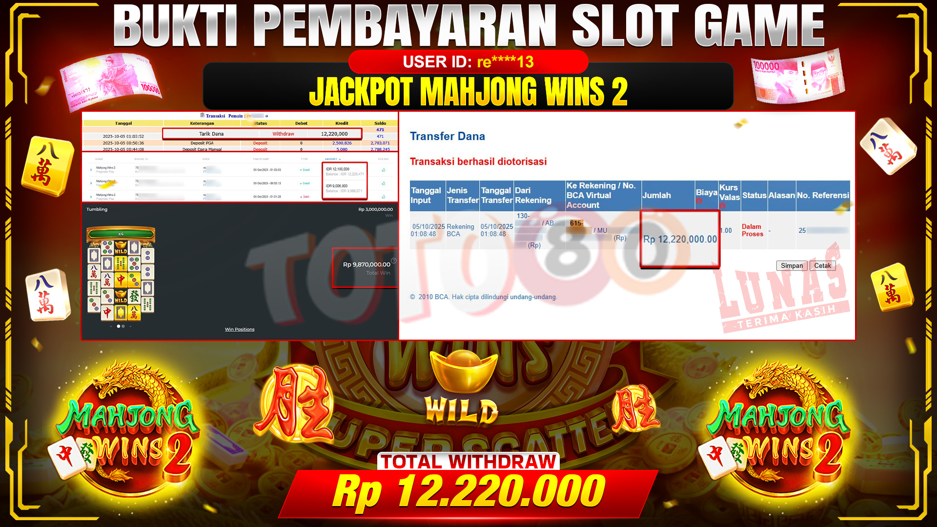 🎉 TOTO80 – JACKPOT SLOT MAHJONG WINS 2 RP.12,220,000,- TELAH DIBAYARKAN! 🎉