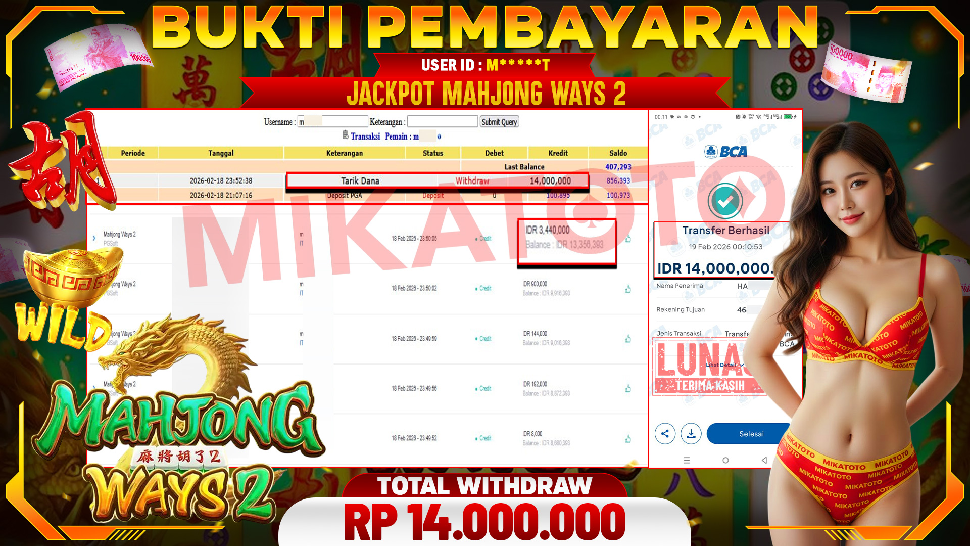🏆 SELAMAT KEPADA PEMENANG JACKPOT DI Mahjong Ways 2 - PGSoft 14,000,000🏆