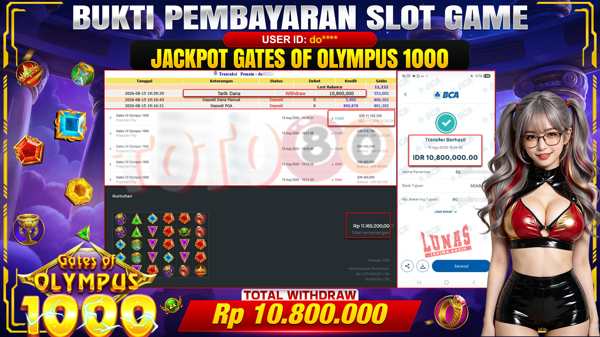 💰🎉 TOTO80 – JACKPOT SLOT GATES OF OLYMPUS 1000 RP. 10,800,000,-  TELAH DIBAYARKAN!💰🎉