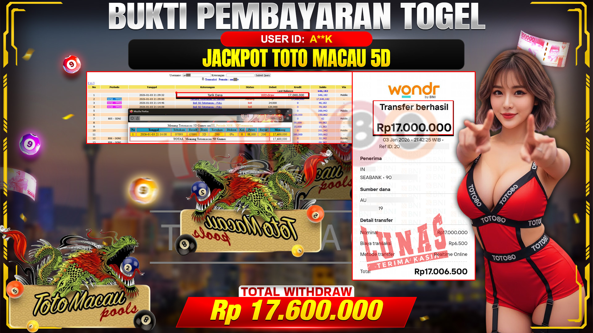 🎉 TOTO80 – JACKPOT TOGEL TOTO MACAU 5D RP. 17,600,000,- TELAH DIBAYARKAN! 🎉