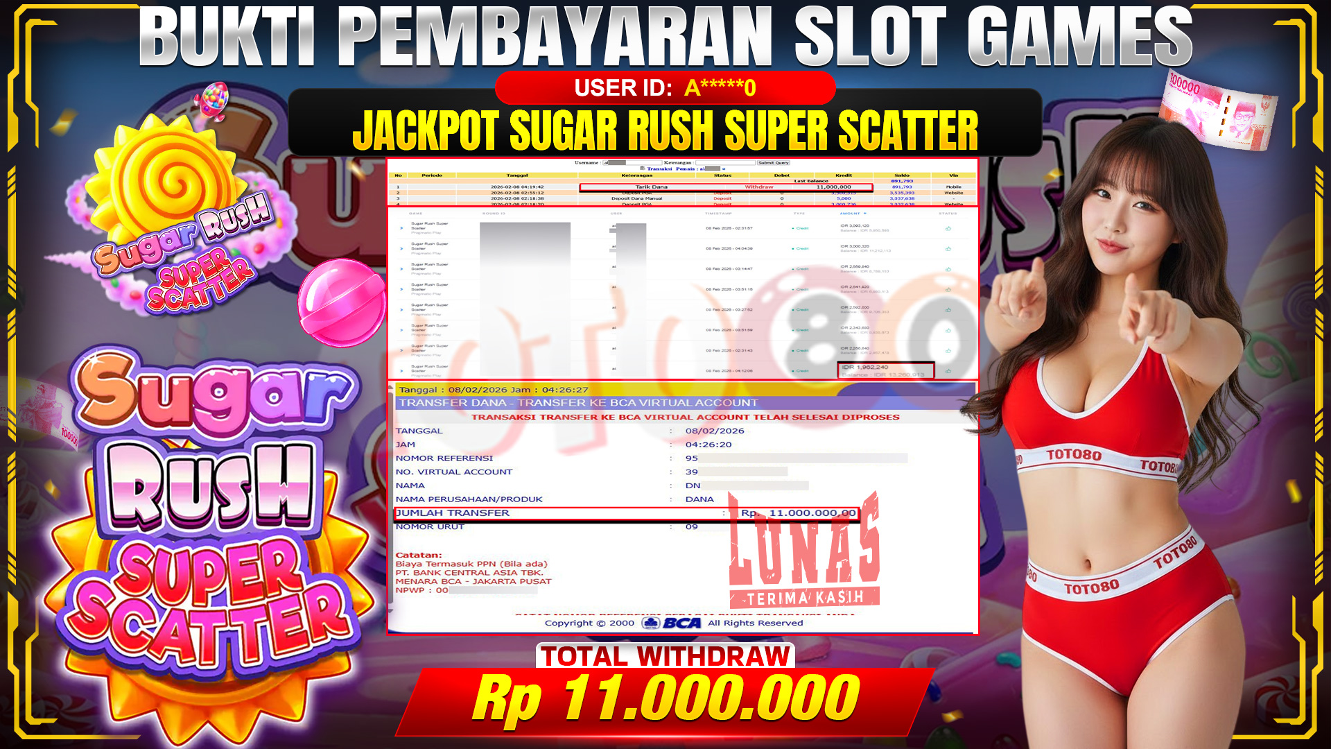 🎉 TOTO80 – JACKPOT SUGAR RUSH SUPER SCATTER RP. 11,000,000,- TELAH DIBAYARKAN! 🎉