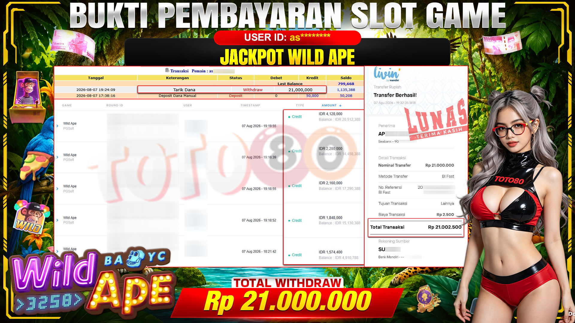 💰🎉 TOTO80 – JACKPOT SLOT WILD APE  RP. 21,000,000,- TELAH DIBAYARKAN!💰🎉