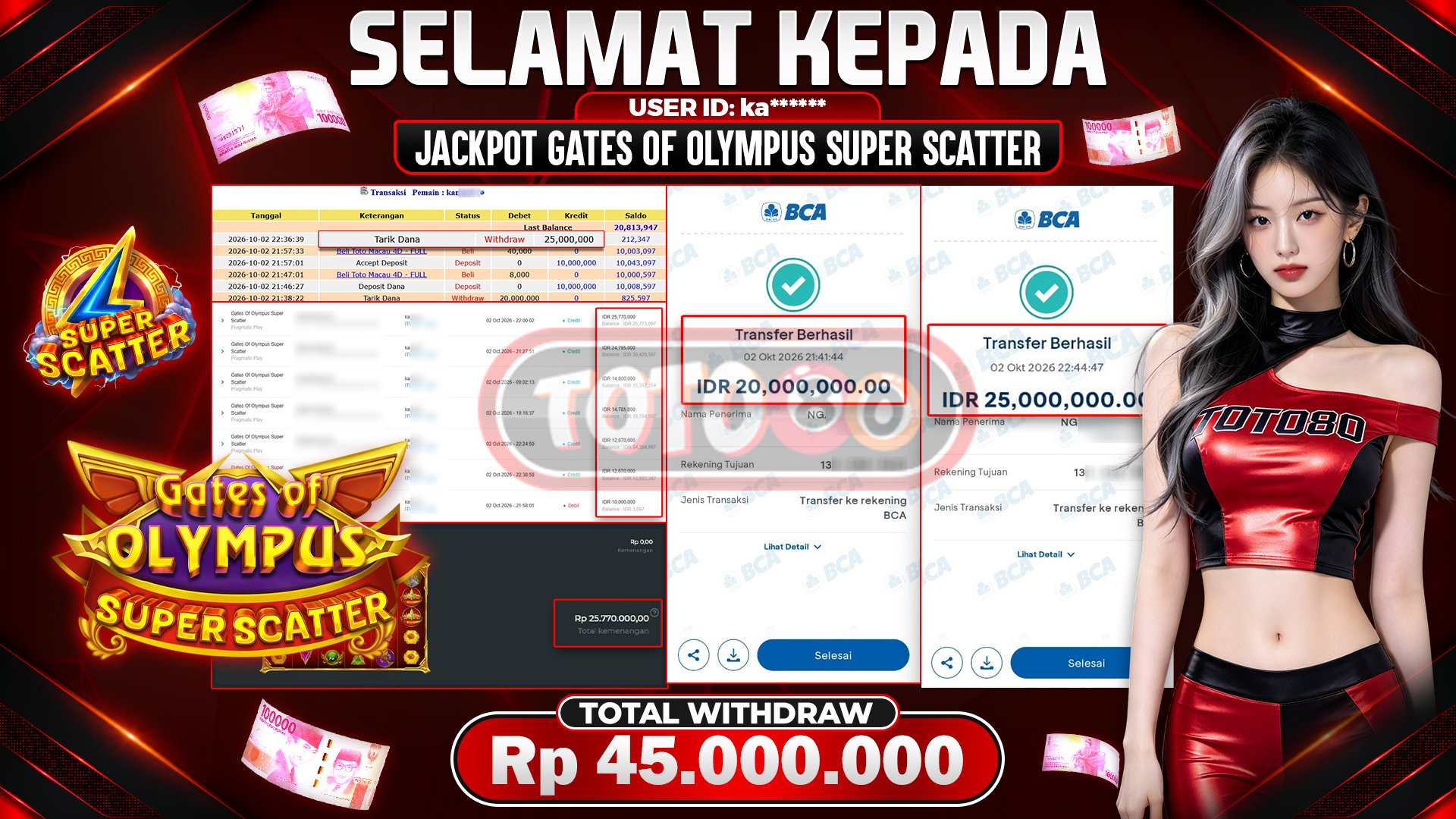 💰🎉 TOTO80 – JACKPOT SLOT GATES OF OLYMPUS  SUPER SCATTER  Rp. 45,000,000,-  TELAH DIBAYARKAN!💰🎉