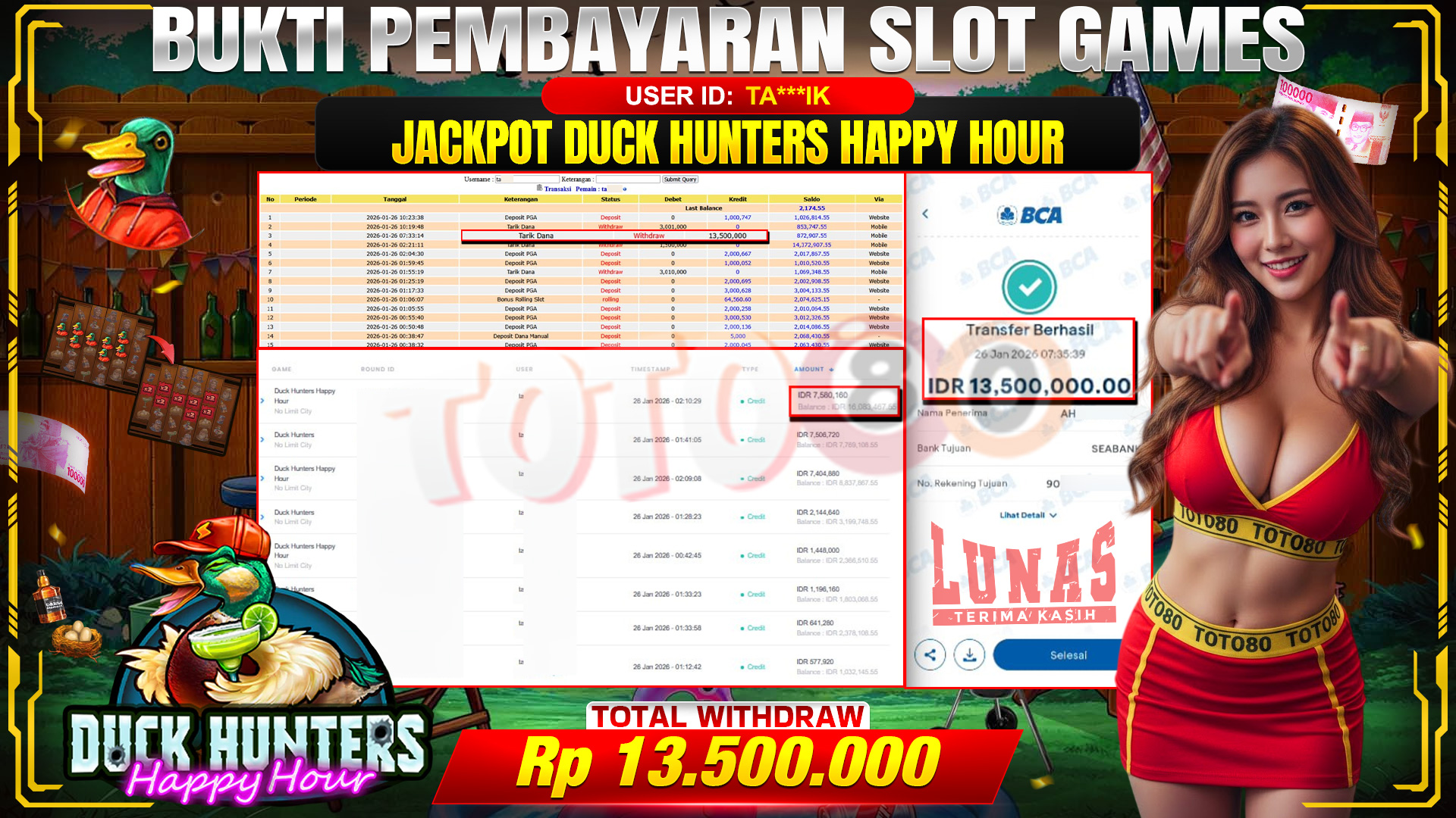 🎉 TOTO80 – JACKPOT DUCK HUNTERS RP.13,500,000,- TELAH DIBAYARKAN! 🎉