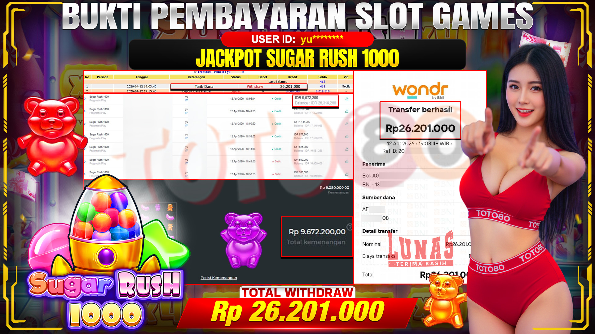 💰🎉 TOTO80 – JACKPOT SLOT SUGAR RUSH 1000 RP. 26,201,000,- TELAH DIBAYARKAN!💰🎉