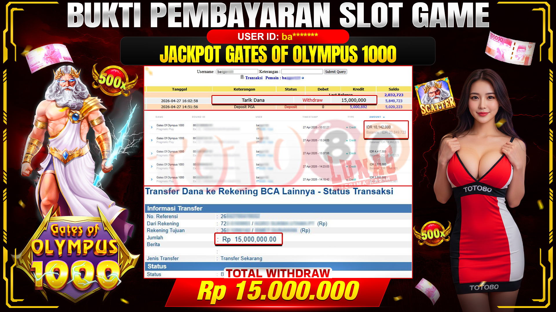 💰🎉 TOTO80 – JACKPOT SLOT GATES OF OLIMPUS 1000  RP. 15,000,000,-  TELAH DIBAYARKAN!💰🎉