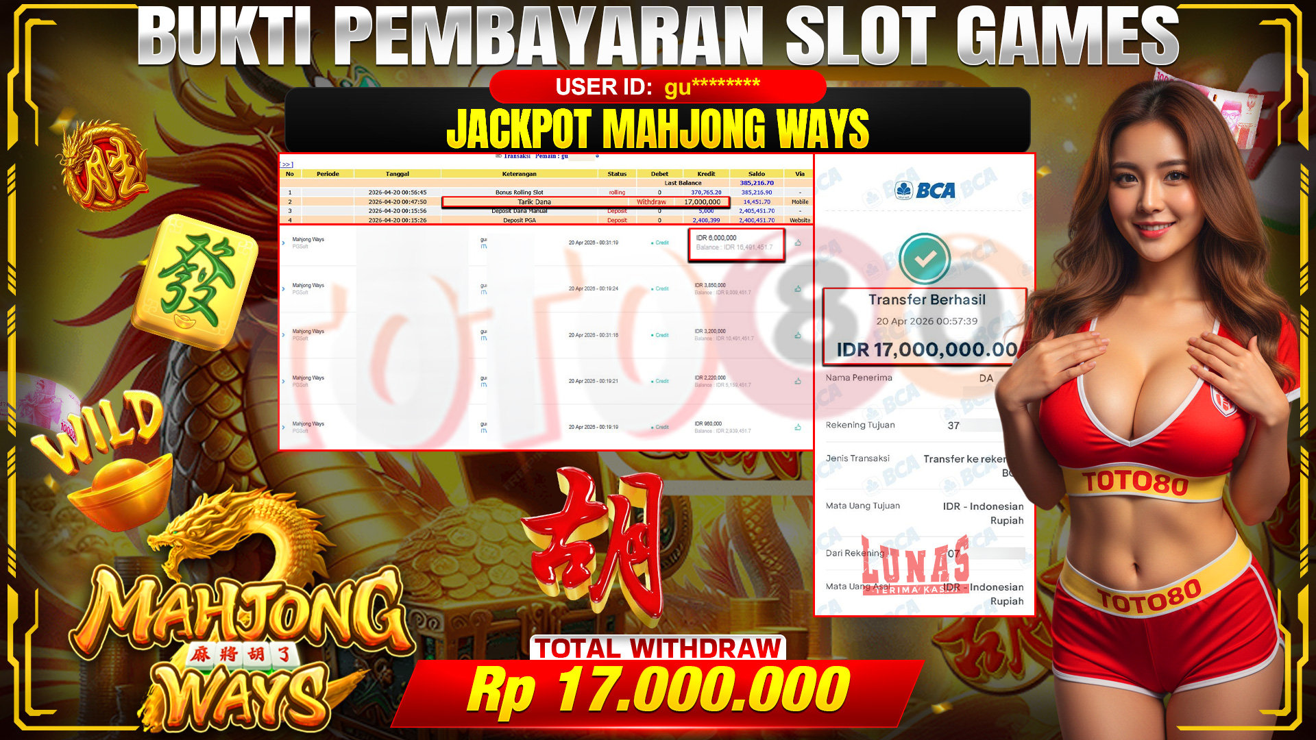 💰🎉 TOTO80 – JACKPOT SLOT MAHJONG WAYS RP. 17,000,000,- TELAH DIBAYARKAN!💰🎉