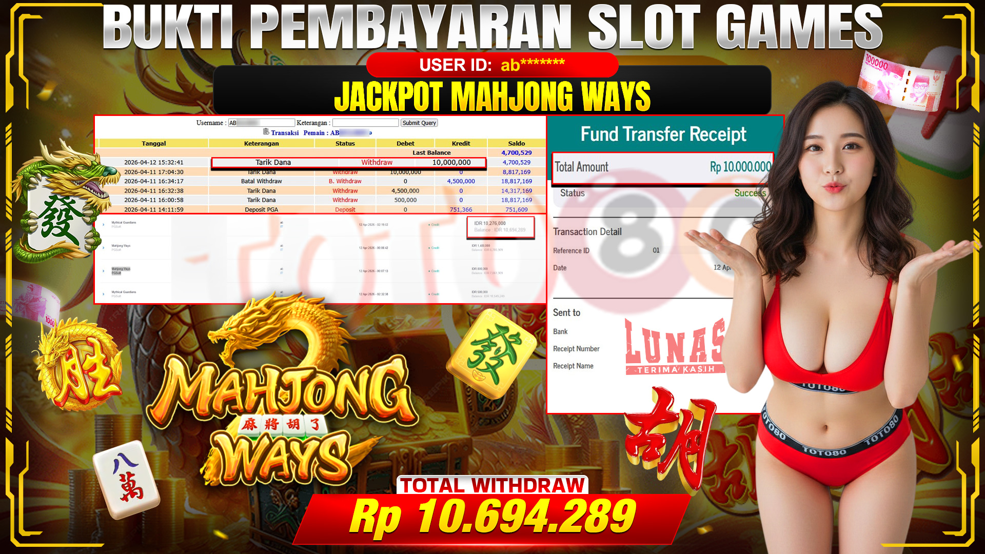 💰🎉 TOTO80 – JACKPOT SLOT MAHJONG WAYS  RP. 10,000,000,- TELAH DIBAYARKAN!💰🎉