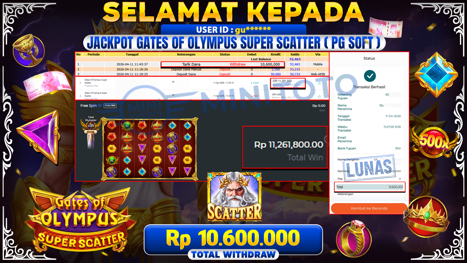 BUKTI JACPOT Gates Of Olympus Super Scatter - Pragmatic Play