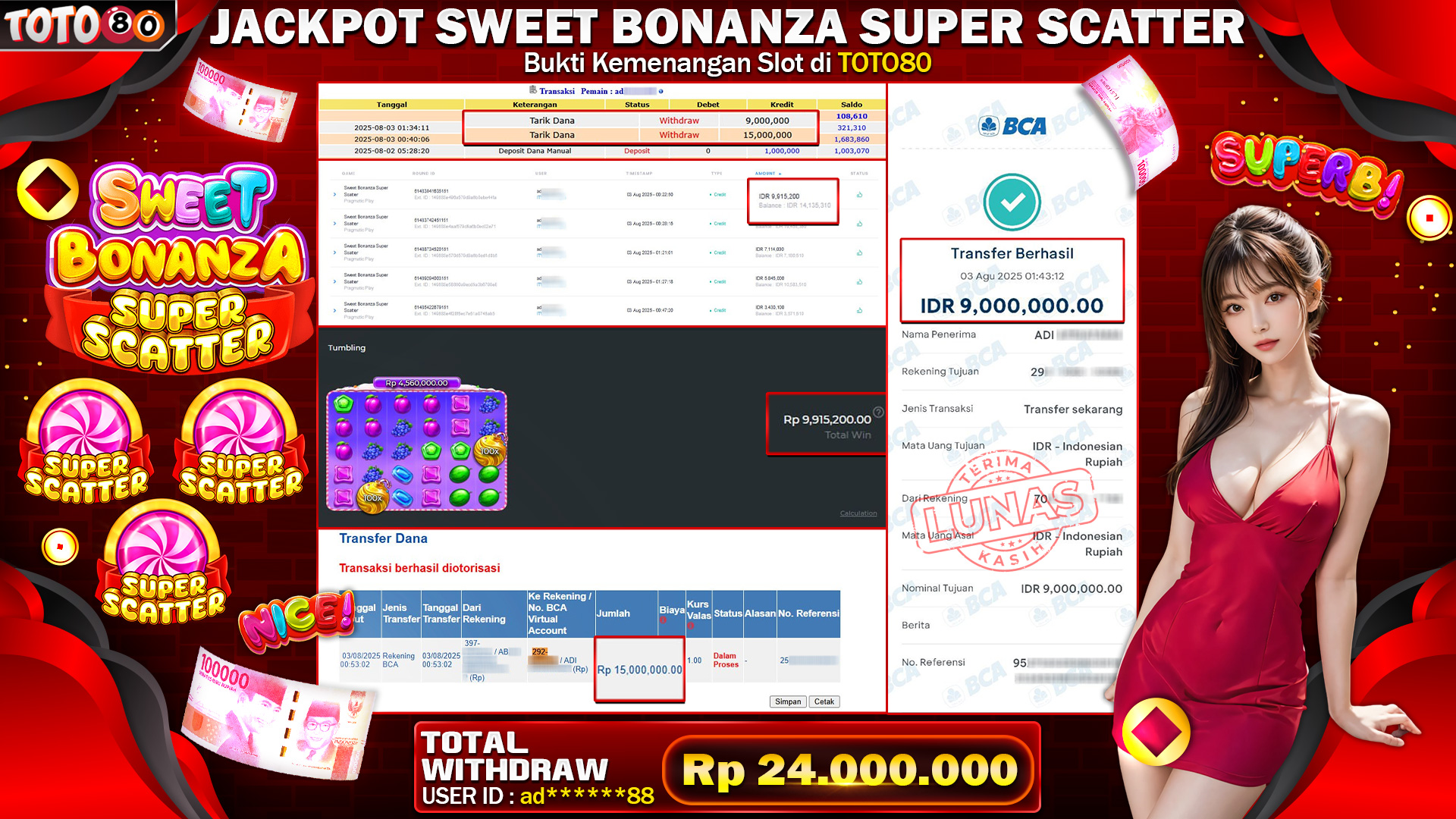 🎉 TOTO80 – JACKPOT SLOT SWEET BONANZA SUPER SCATTER RP.24,00,000,- TELAH DIBAYARKAN! 🎉