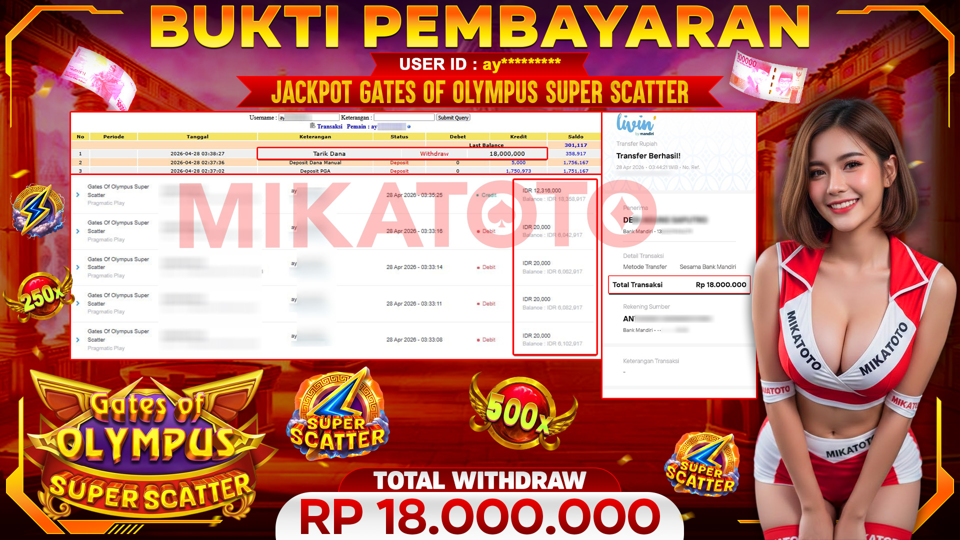 🏆 SELAMAT KEPADA PEMENANG JACKPOT DI Gates Of Olympus Super Scatter - Pragmatic Play 18,000,000🏆