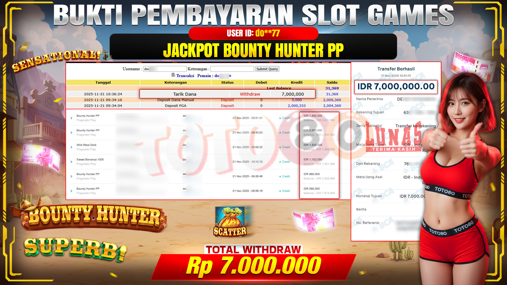 🎉 TOTO80 – JACKPOT SLOT BOUNTY HUNTER PP RP.7,000,000,- TELAH DIBAYARKAN! 🎉