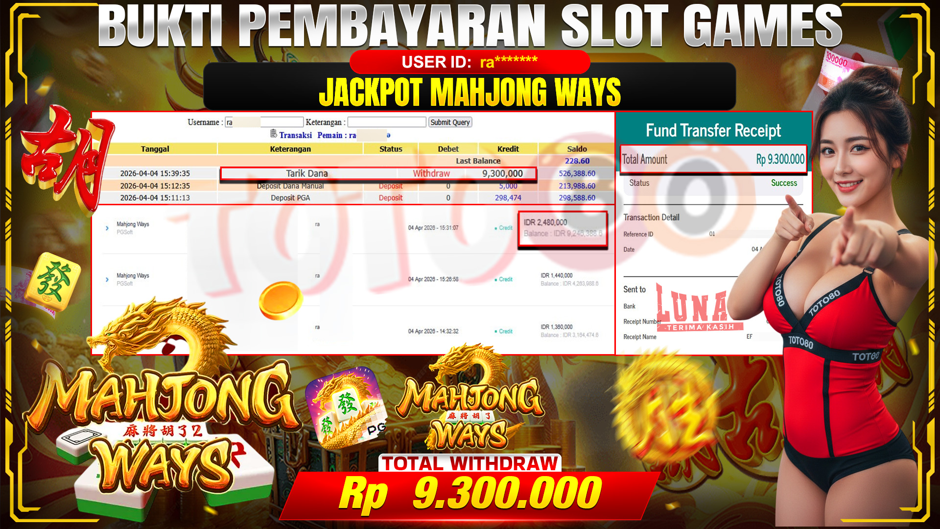 💰🎉 TOTO80 – JACKPOT SLOT MAHJONG WAYS RP. 9,300,000,- TELAH DIBAYARKAN!💰🎉