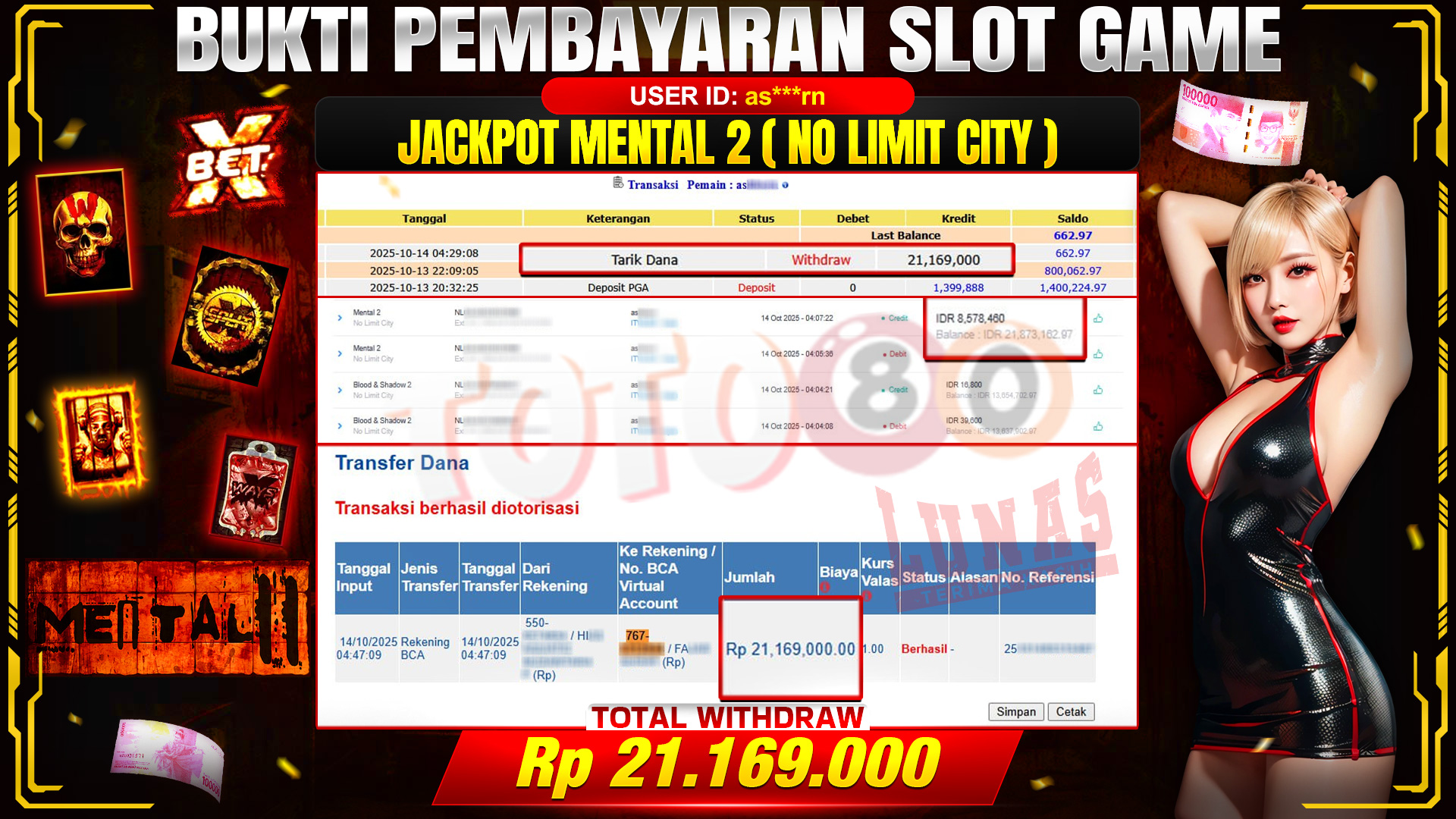 🎉 TOTO80 – JACKPOT SLOT MENTAL2 ( NO LIMIT CITY ) RP.21.169.000,- TELAH DIBAYARKAN! 🎉