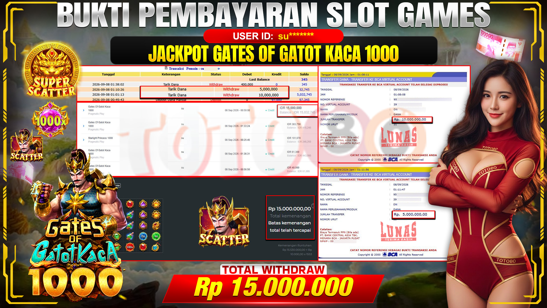 💰🎉 TOTO80 – JACKPOT SLOT GATES OF GATOT KACA  1000 RP. 15.000.000,- TELAH DIBAYARKAN! 💰🎉