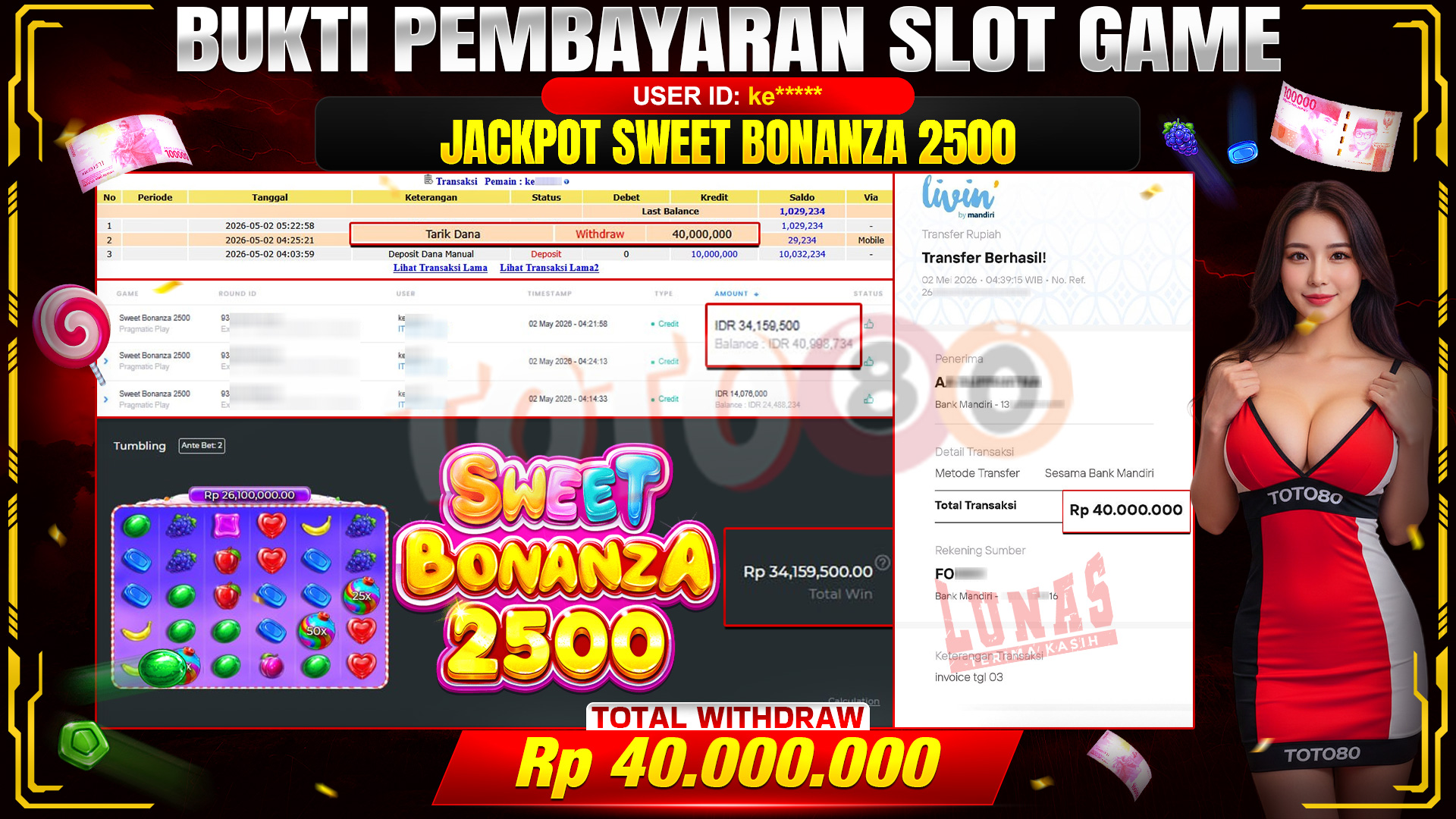 💰🎉  TOTO80 – JACKPOT SLOT SWEET BONANZA 2500 RP. 40,000,000,- TELAH DIBAYARKAN! 💰🎉 