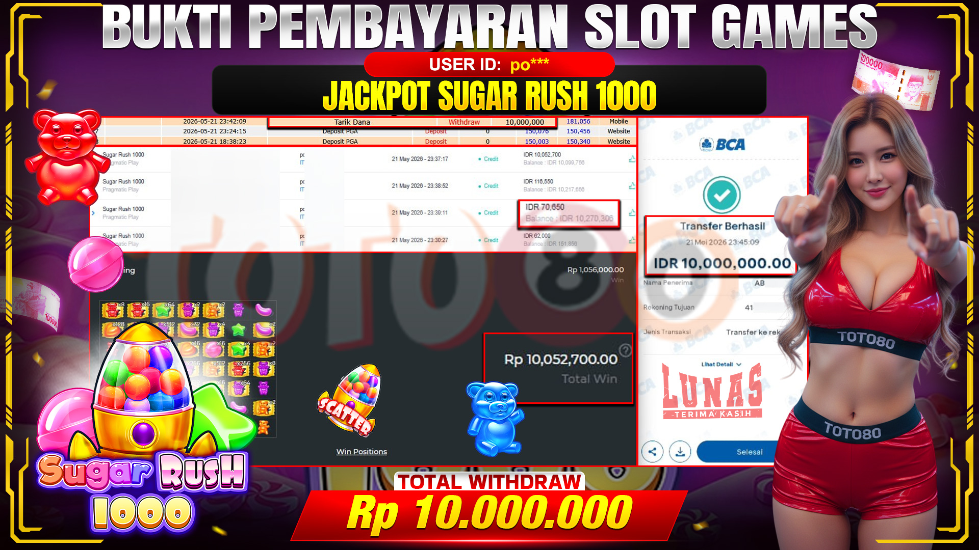 💰🎉 TOTO80 – JACKPOT SLOT SUGAR RUSH 1000 RP. 10,000,000,- TELAH DIBAYARKAN!💰🎉
