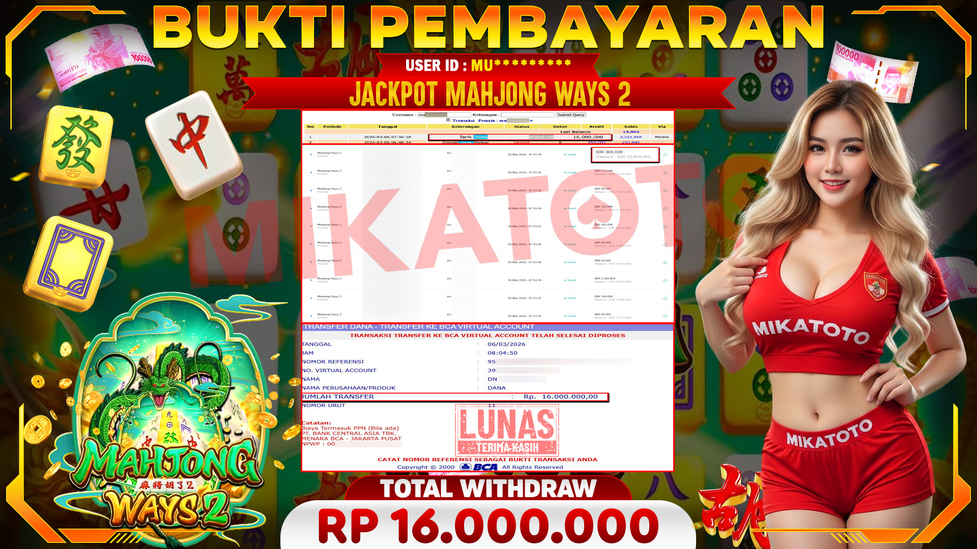 🏆 SELAMAT KEPADA PEMENANG JACKPOT DI Mahjong Ways 2 - PGSoft 16,000.000🏆