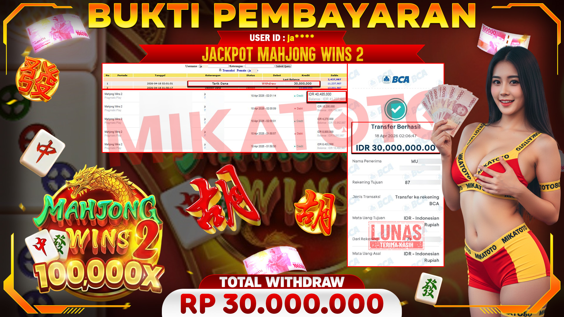 🏆 SELAMAT KEPADA PEMENANG JACKPOT DI Mahjong Wins 2  - Pragmatic Play 30,000,000🏆