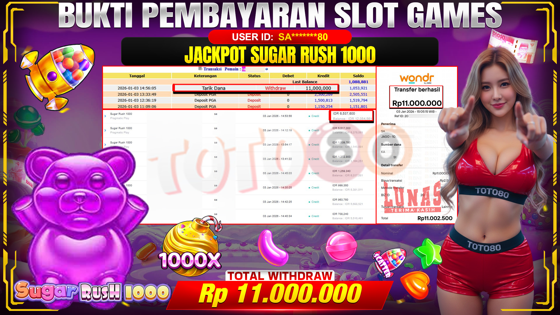 🎉 TOTO80 – JACKPOT SLOT SUGAR RUSH 1000 RP. 11,000,000,- TELAH DIBAYARKAN! 🎉