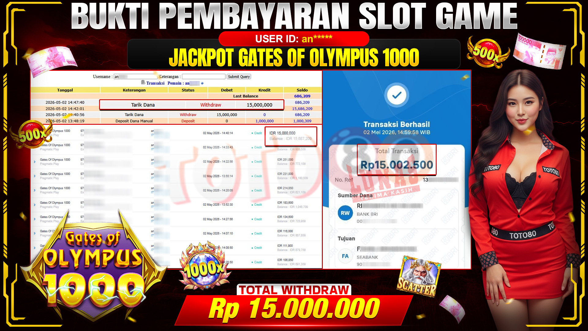 💰🎉  TOTO80 – JACKPOT SLOT GATES OF OLYMPUS 1000 RP. 15,000,000,- TELAH DIBAYARKAN! 💰🎉 