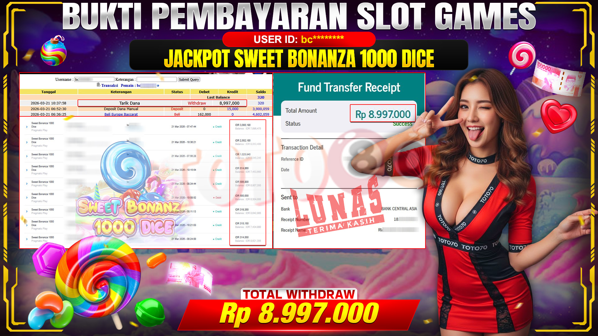 💰🎉TOTO80 – JACKPOT SLOT SWEET BONANZA 1000 . 8,997,000,- TELAH DIBAYARKAN! 💰🎉